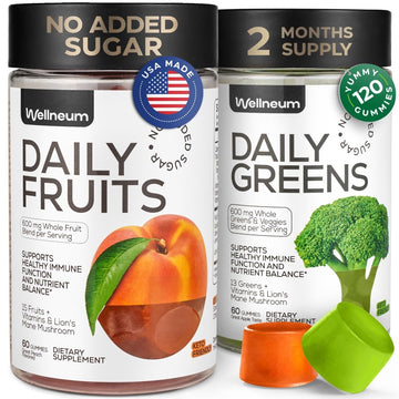 Super Greens + Super Fruits Gummies (Fruits/Greens Powder in Gummies Form) - 600mg Greens Blend + 600mg Fruits Blend for Immune Support, Sugar Free, Vegetarian, Non-GMO, 2-Pack (120 Gummies) Wellneum uk supplements