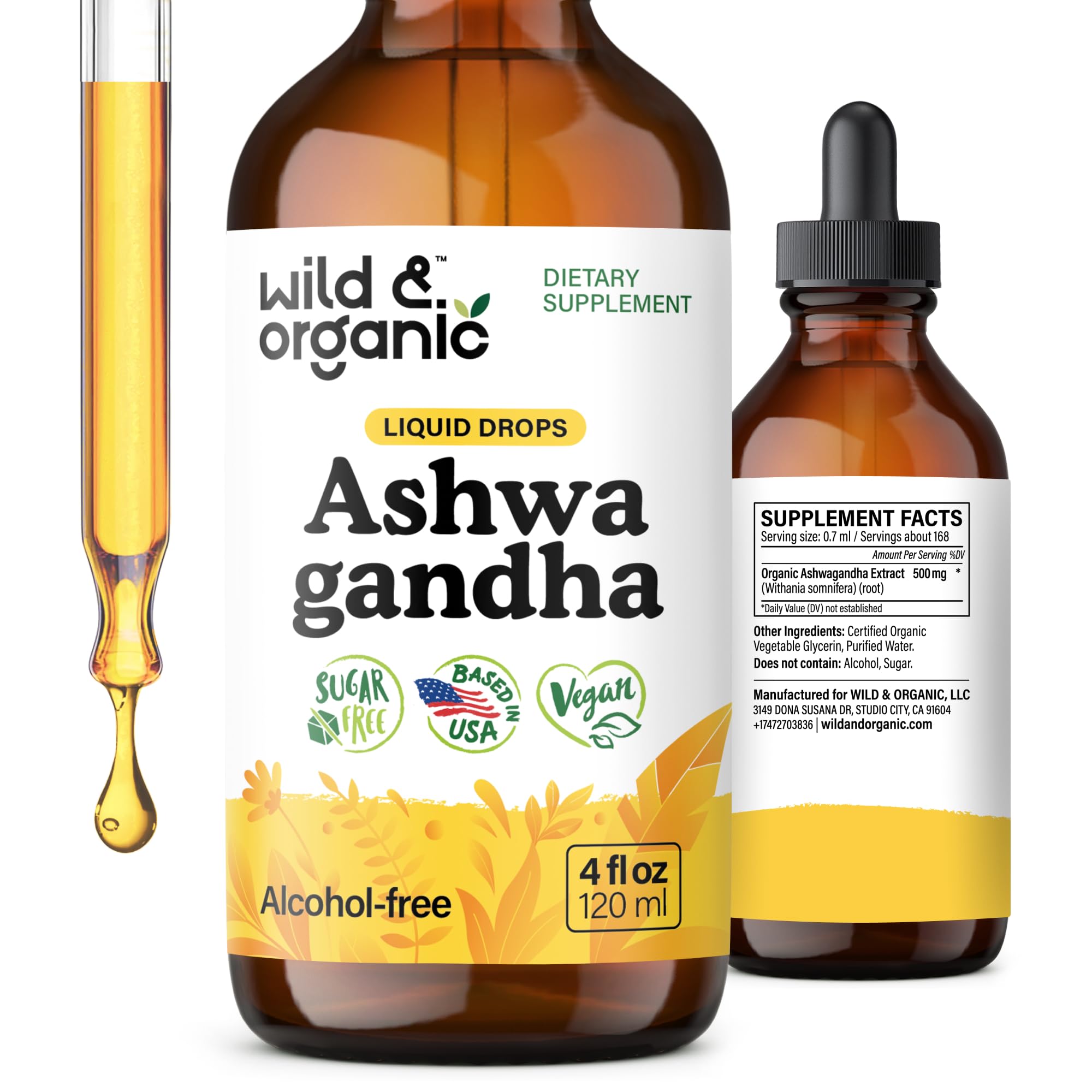 Wild & Organic Ashwagandha Drops - Mood Support & Positive Energy - 500 mg Ashwagandha for Women & Men - Add to Tea Liquid Extract for Relaxation - Non-GMO, Sugar & Alcohol-Free Tincture - 4 fl oz Wild & Organic uk supplements