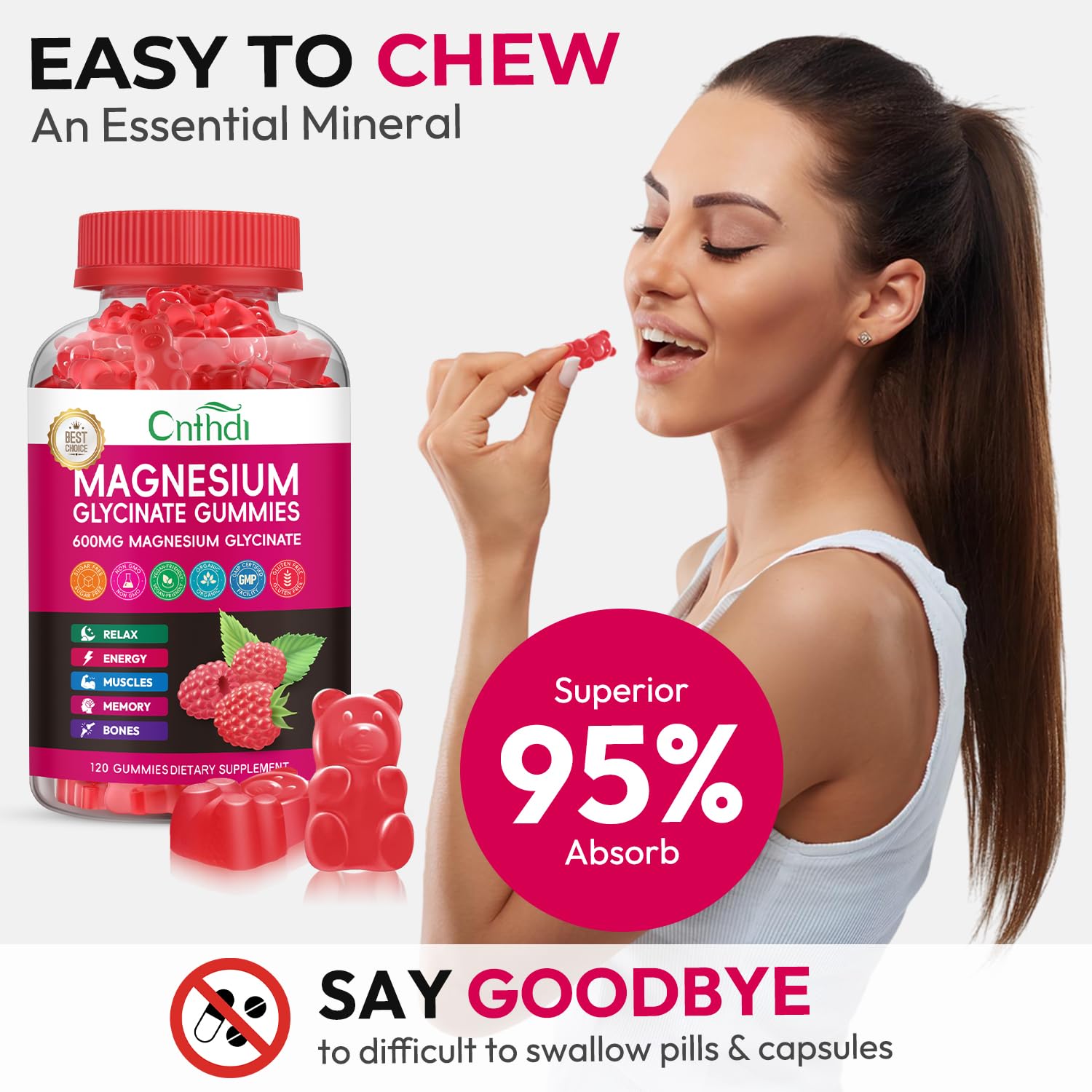 Magnesium Glycinate Gummies 600mg, High Absorption Magnesium Gummies, Black Currant Oil, Calcium, Vitamin B6, Sugar Free Chews for Adults & Kids Relaxation, Stress Relief, Night Rest CNFHDI uk supplements