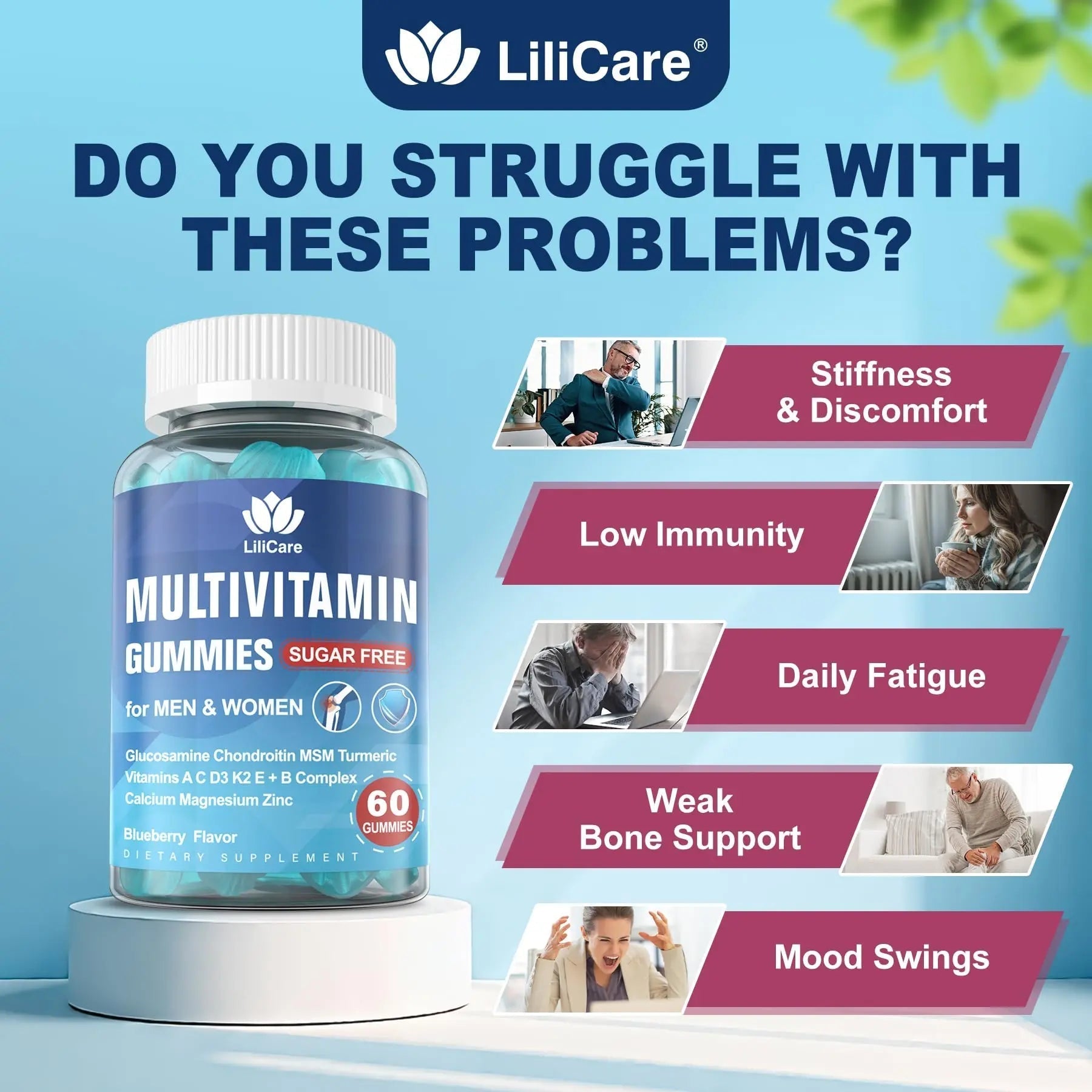 Methylated Multivitamin for Men/Women Gummies, Mens/Womens Multivitamin 50 Plus, with Glucosamine Chondroitin MSM Echinacea Sugar Free LILICARE uk supplements