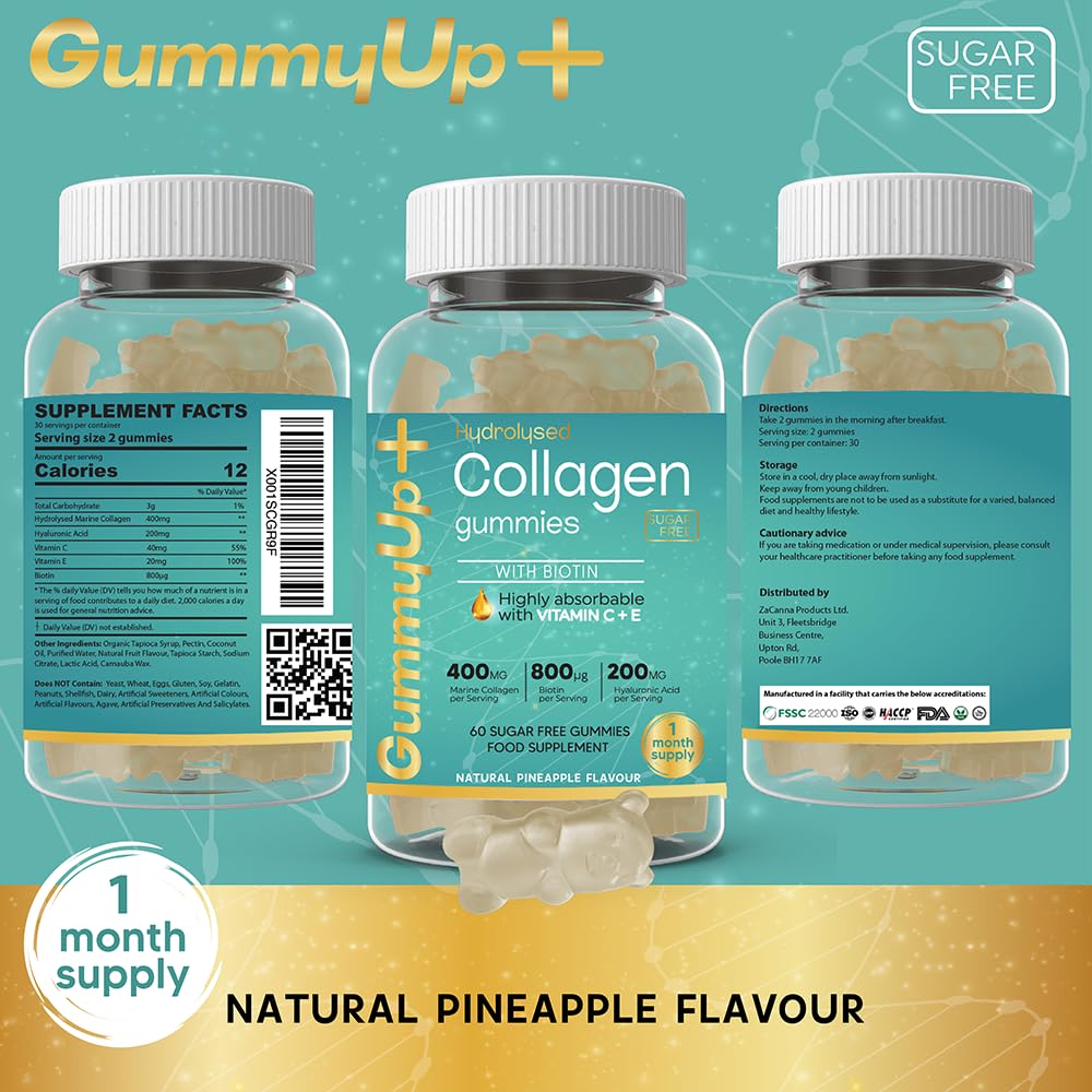 Hydrolysed Collagen Gummies with Biotin, 60 Sugar Free Natural Pineapple Flavoured Gummies ZA ZACANNA uk supplements