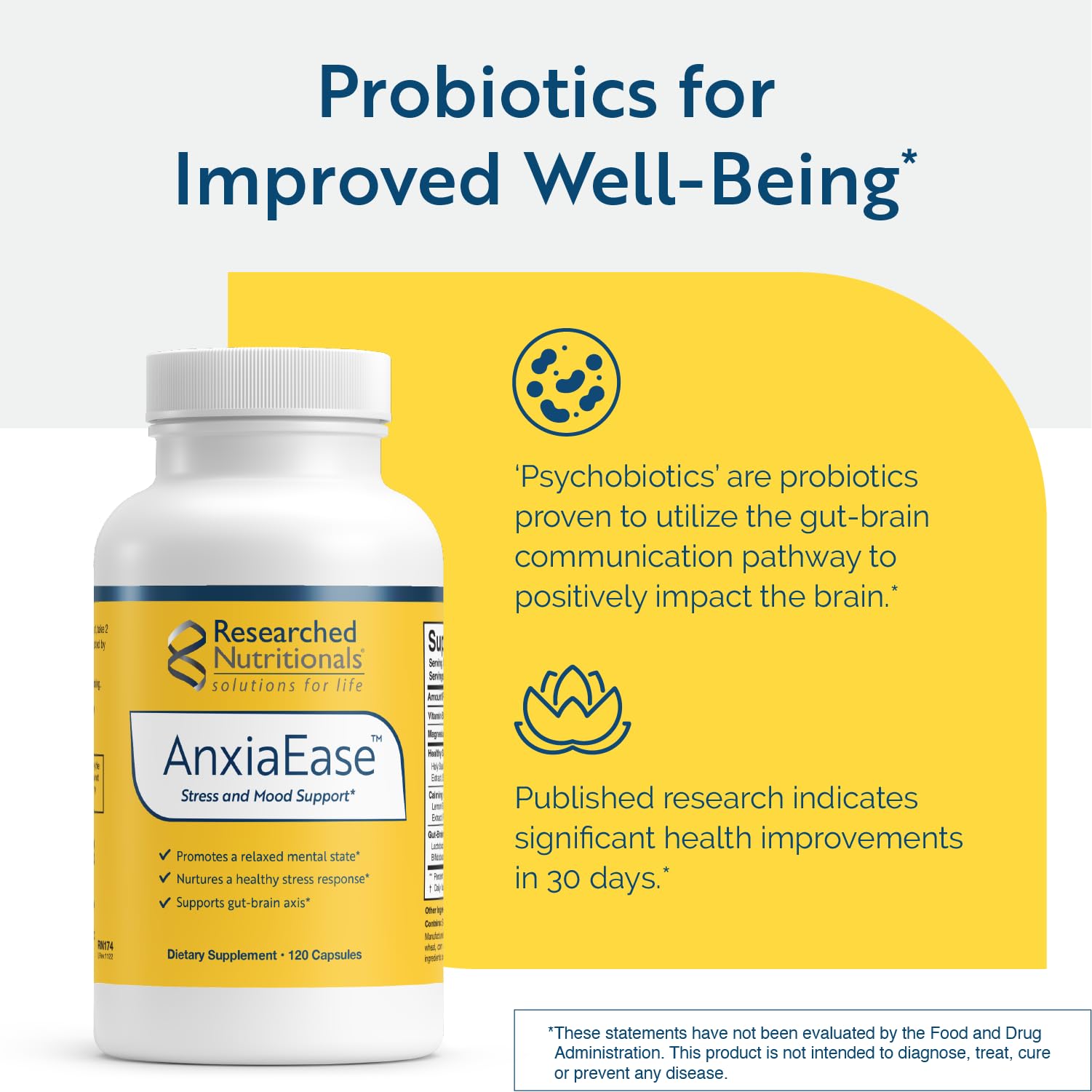 Researched Nutritionals AnxiaEase - Stress, Cortisol Management & Mood Support Supplement - Botanicals, Vitamin B6, Magnesium & 'Psychobiotic' Probiotic Strains (120 Capsules) Researched Nutritionals uk supplements