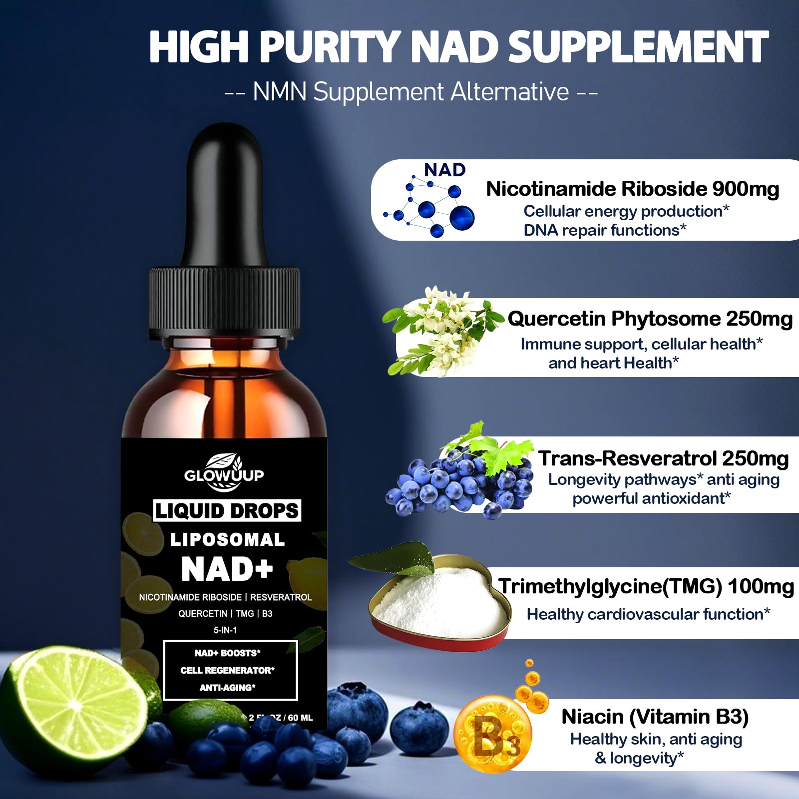 NAD Supplements for Women & Men, Liposomal NAD Nicotinamide Riboside Resveratrol 900mg w. B3 Vitamin Quercetin TMG, Liquid Resveratrol NAD Plus Supplement for Anti-Aging Energy Focus Longevity GLOVVUUP uk supplements
