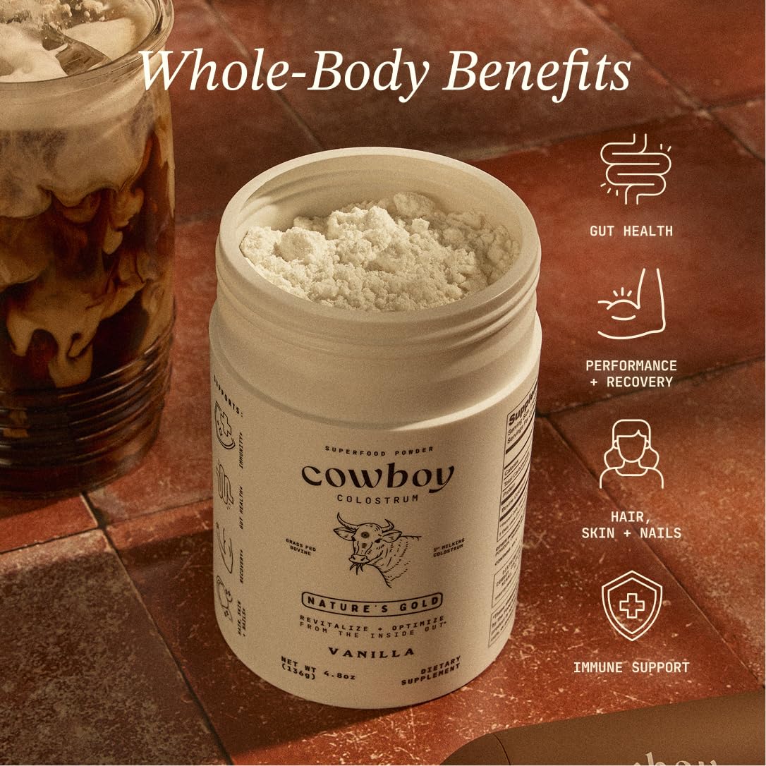 Cowboy - The Exclusive 1st Milking, Whole, Grass Fed Colostrum Supplement for Full Body Health - Bovine Colostrum Powder Packed w/Bioactive Nutrients - Sugar Free (Vanilla, 40 Servings) COWBOY COLOSTRUM uk supplements