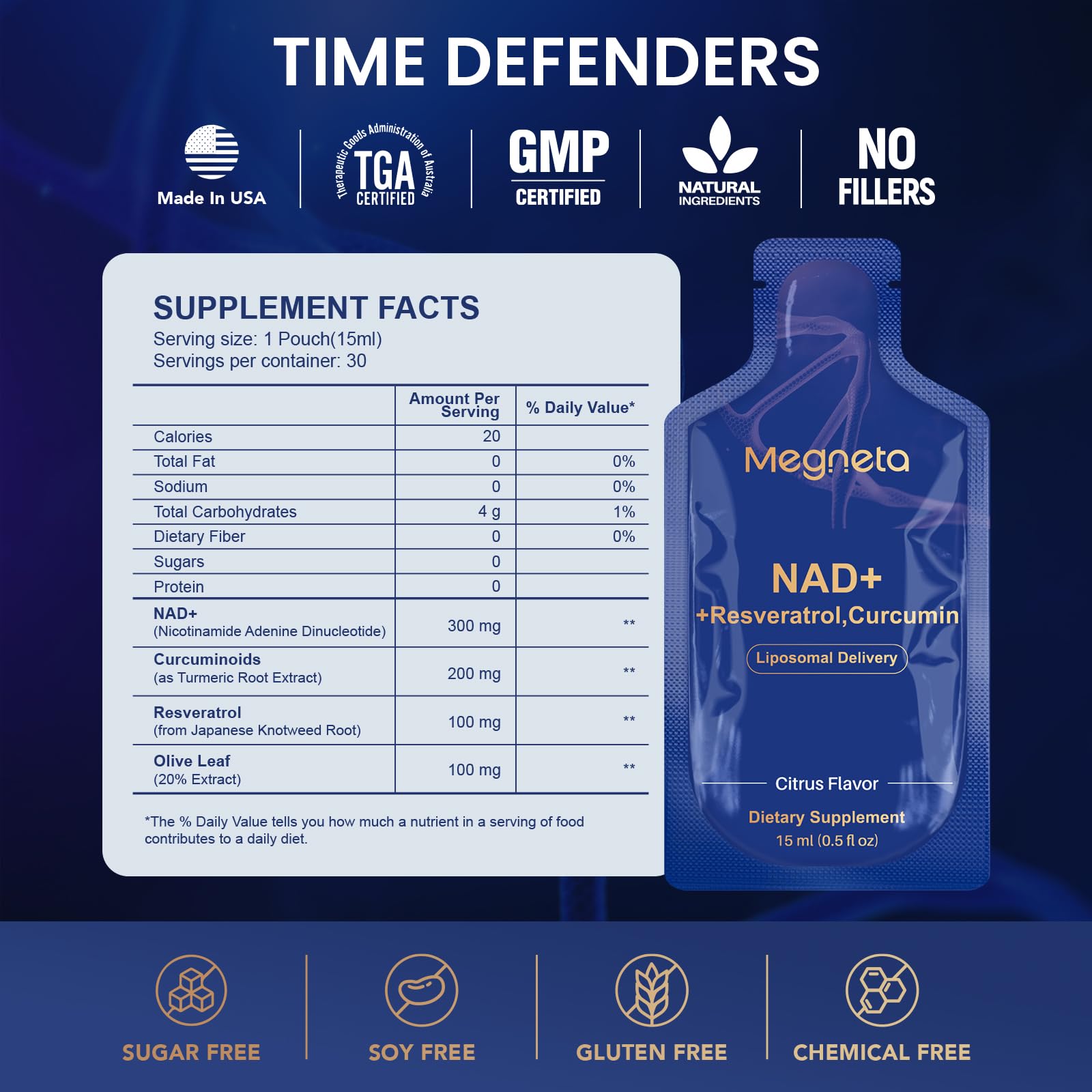 MEGNETA Liposomal NAD+ Supplement with Resveratrol, Anti-Aging, Energy Boost & Cellular Health Support, 15.2 fl. oz NAD Liquid for Men & Women (30 Pouch) MEGNETA uk supplements