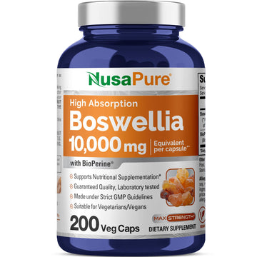 NusaPure Boswellia Serrata 10,000 mg Per Veggie Caps 200 Count (Ext. 20:1, Non-GMO, Vegan, Bioperine) Ayurvedic Herb: Indian Olibanum, Frankincense NusaPure uk supplements