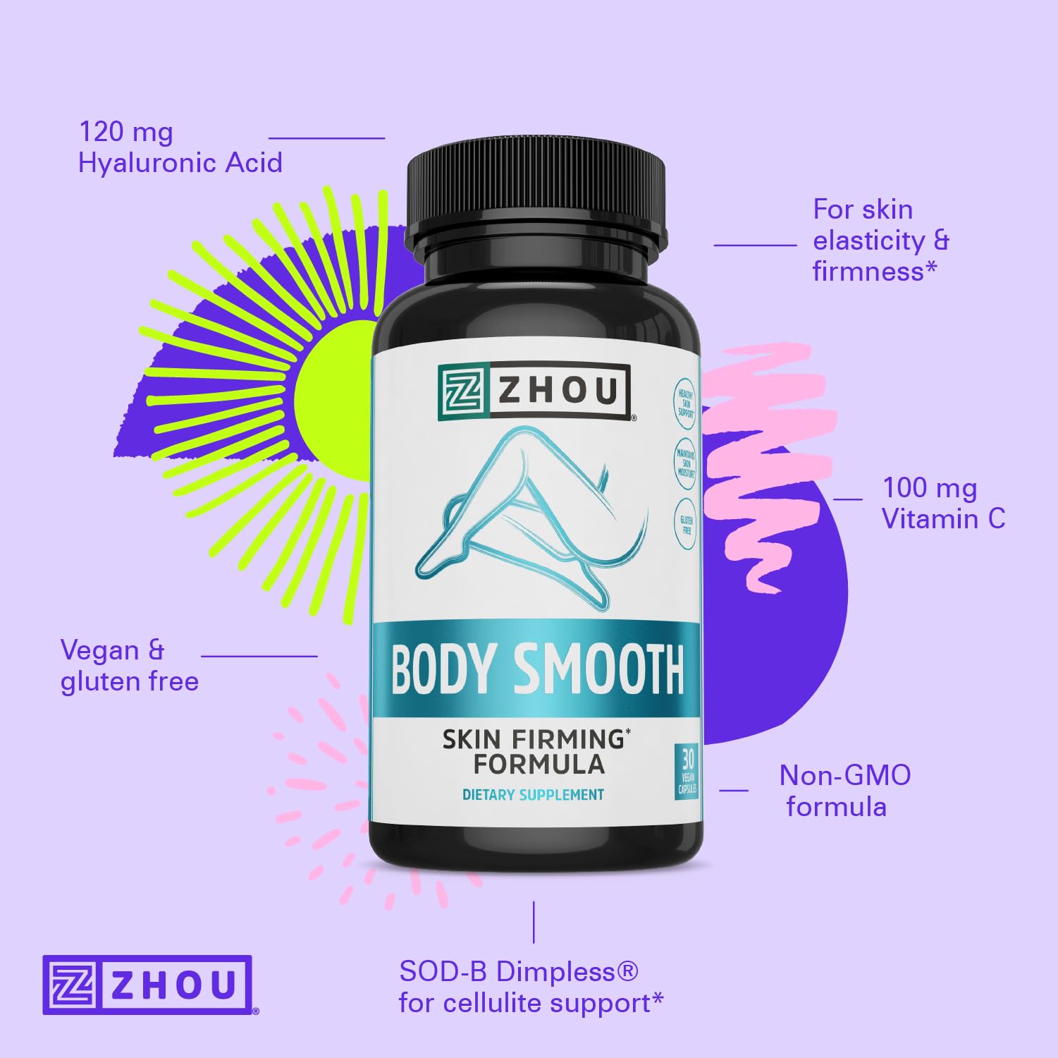 Zhou Body Smooth - Cellulite Pills for Women, Dimpless Anti Cellulite Supplement for Firm Smooth Skin with Hyaluronic Acid & Vitamin C, Skincare for Thigh, Legs, Butt, Supports Hydration - 30 Capsules ZHOU uk supplements