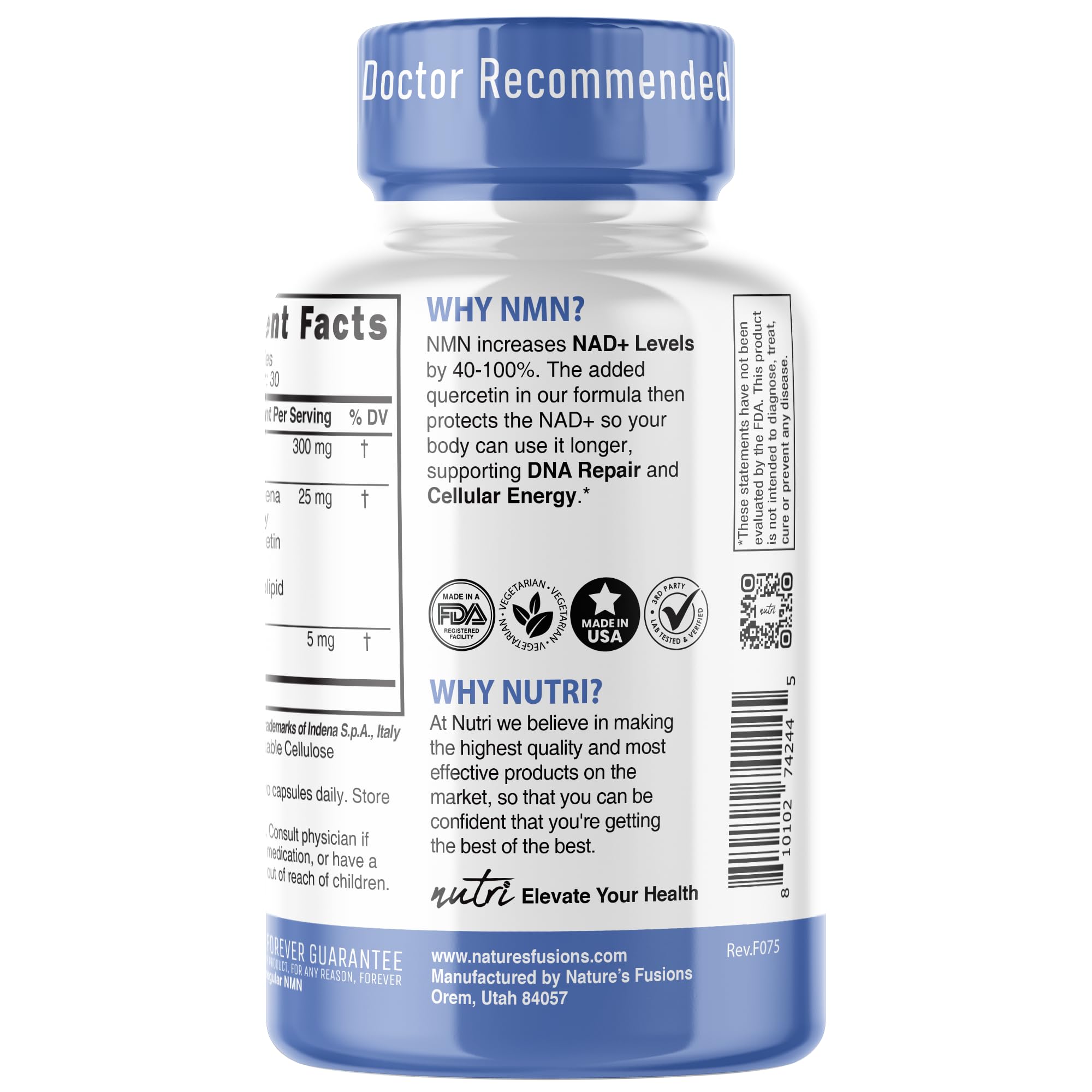 NMN Supplement 300mg NAD Supplement - Nutri Ultra High Absorption Stabilized NMN Nicotinamide Mononucleotide, 40% More NAD+ with Quercetin Phytosome & Black Pepper - mnm supplement (60 Capsules) Nature's Fusions uk supplements