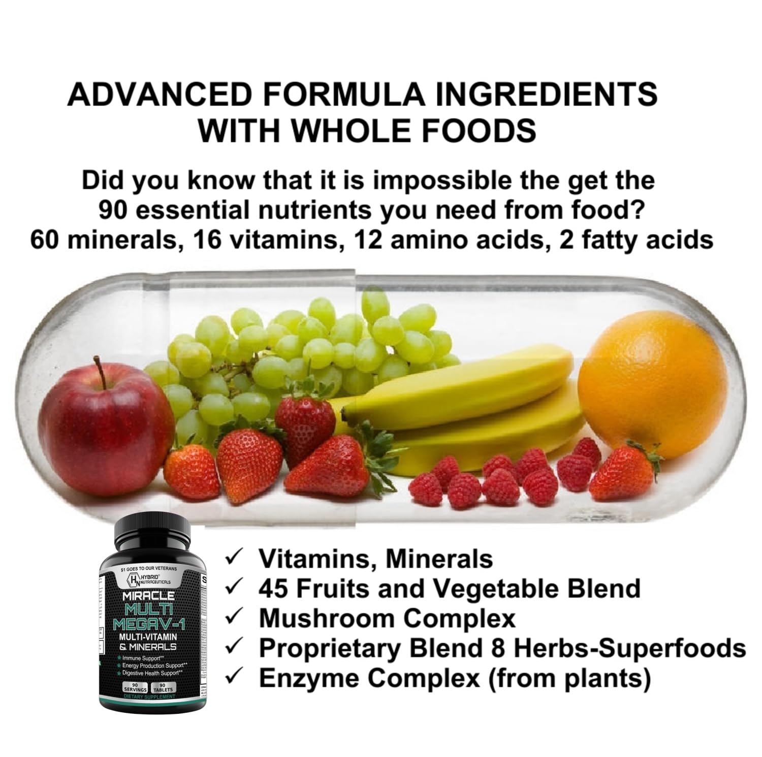 MEGAV-1 Multi-Vitamin, Superfood & Minerals - Daily Multivitamin with Probiotics, Digestive Enzyme, Mushroom Complex for Heart Health, Immune Support, Energy & Stamina - 90 Tablets Hybrid Nutraceuticals uk supplements