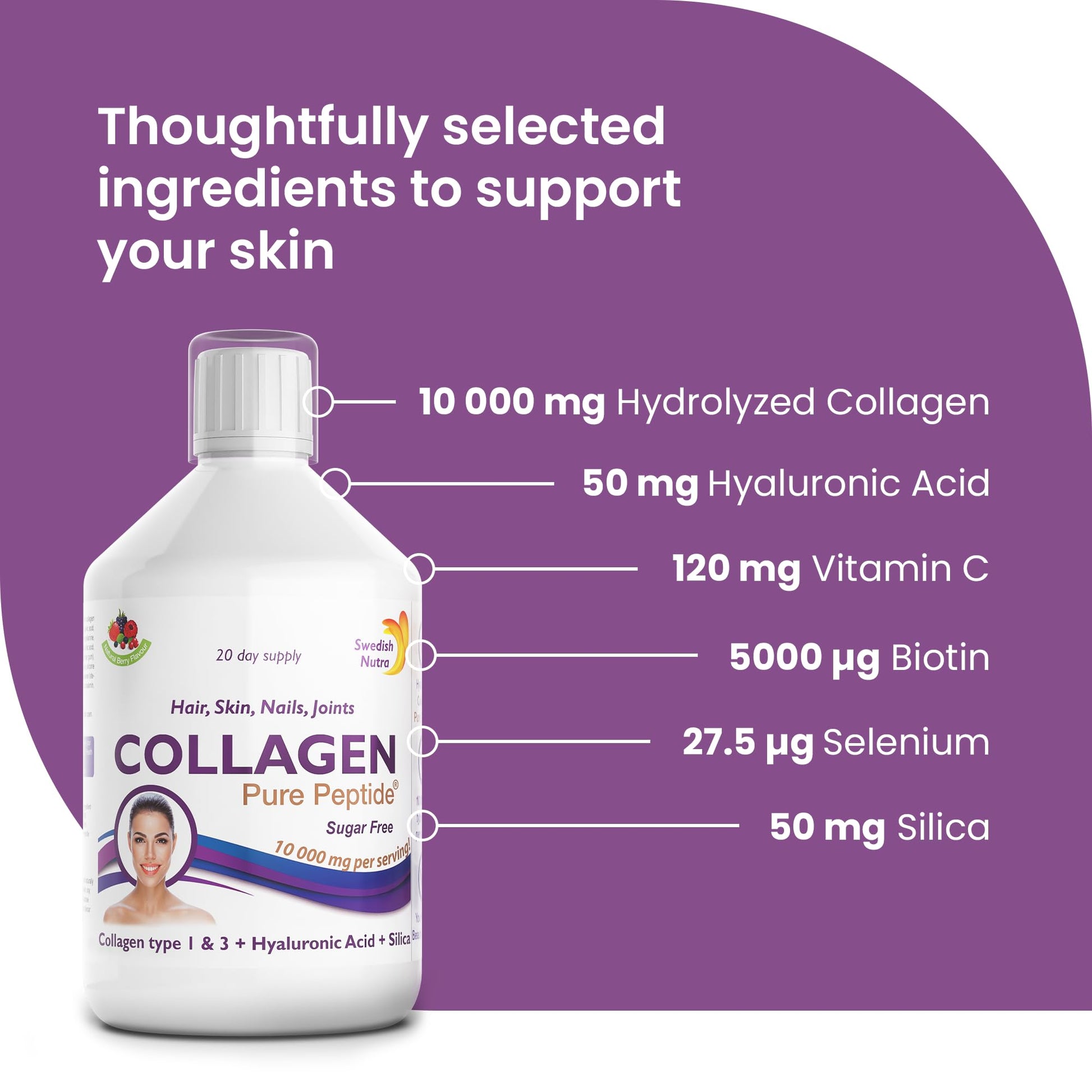 Swedish Nutra Liquid Bovine Collagen - Pack of 500ml, 20 Day Supply | Sugar Free Berry Flavour Swedish Nutra uk supplements