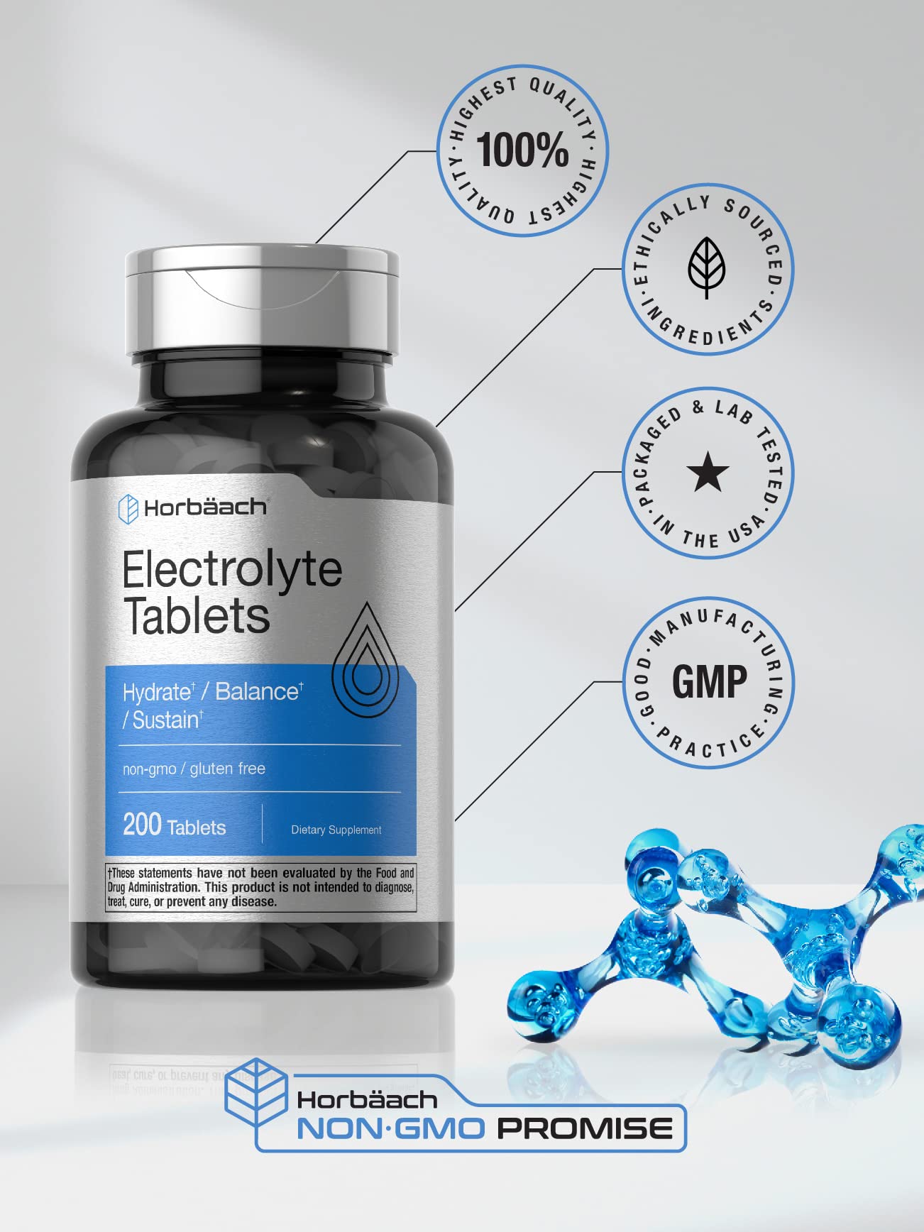 Horbäach Electrolyte Tablets | 200 Count | Helps Hydrate, Balance, & Sustain | with Calcium, Magnesium, Chloride, Sodium and Potassium | Vegetarian, Non-GMO & Gluten Free Horbäach uk supplements