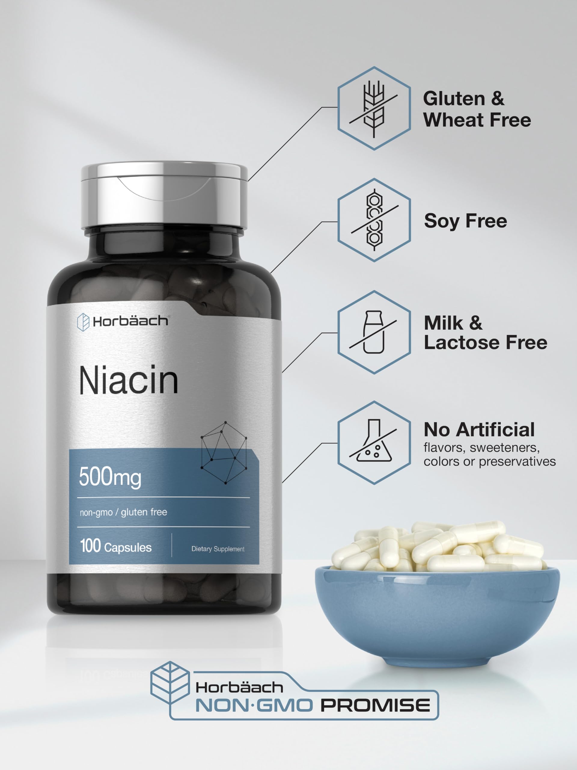 Niacin | Vitamin B3 500mg | 100 Capsules | with Flushing | Non-GMO, and Gluten Free Horbäach uk supplements