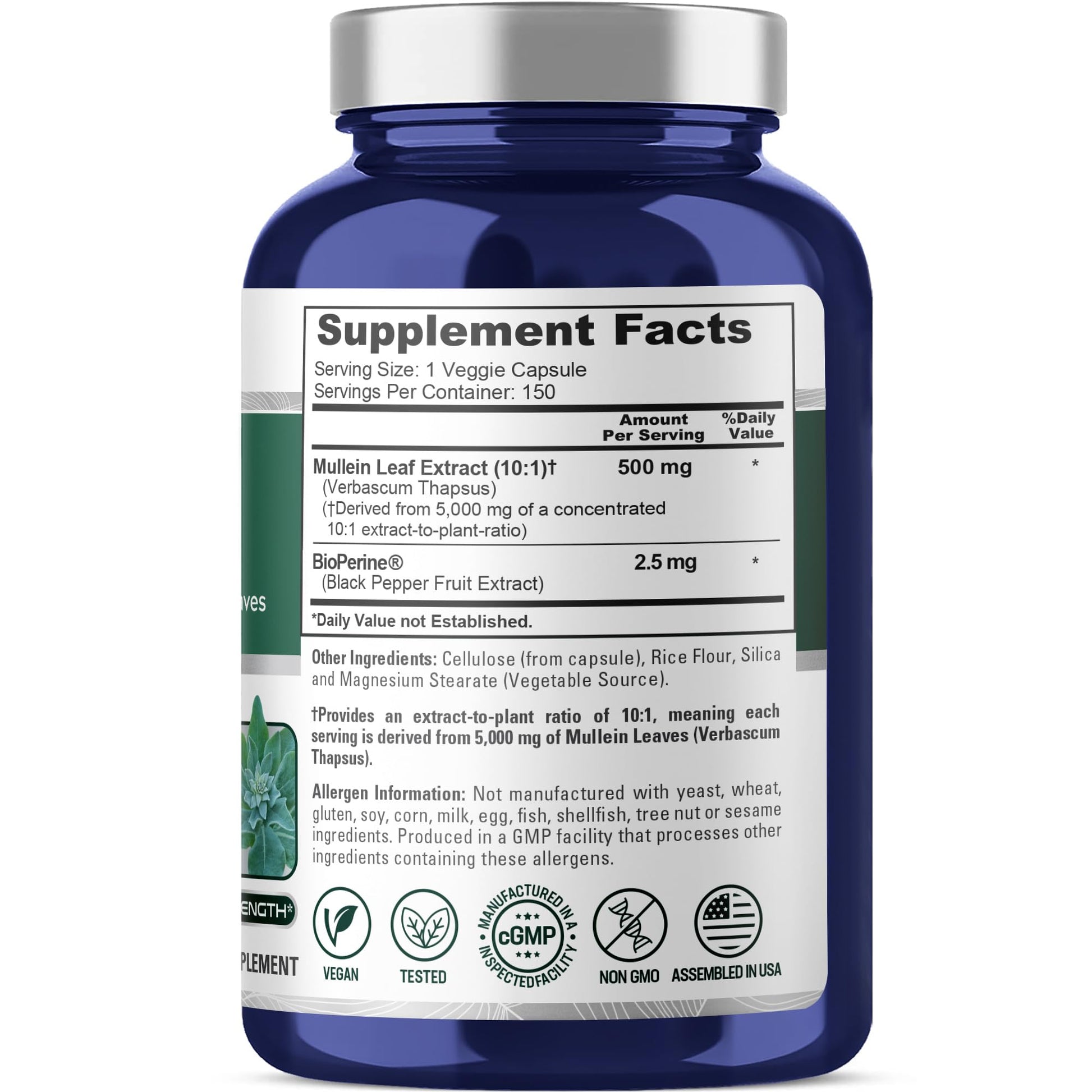 NusaPure Mullein Leaf Capsules 10:1 Extract, 500 mg Equivalent to 5,000 mg per Veggie Caps - 150 Count - Verbascum Thapsus (Non-GMO, Vegan) Dietary Supplement NusaPure uk supplements
