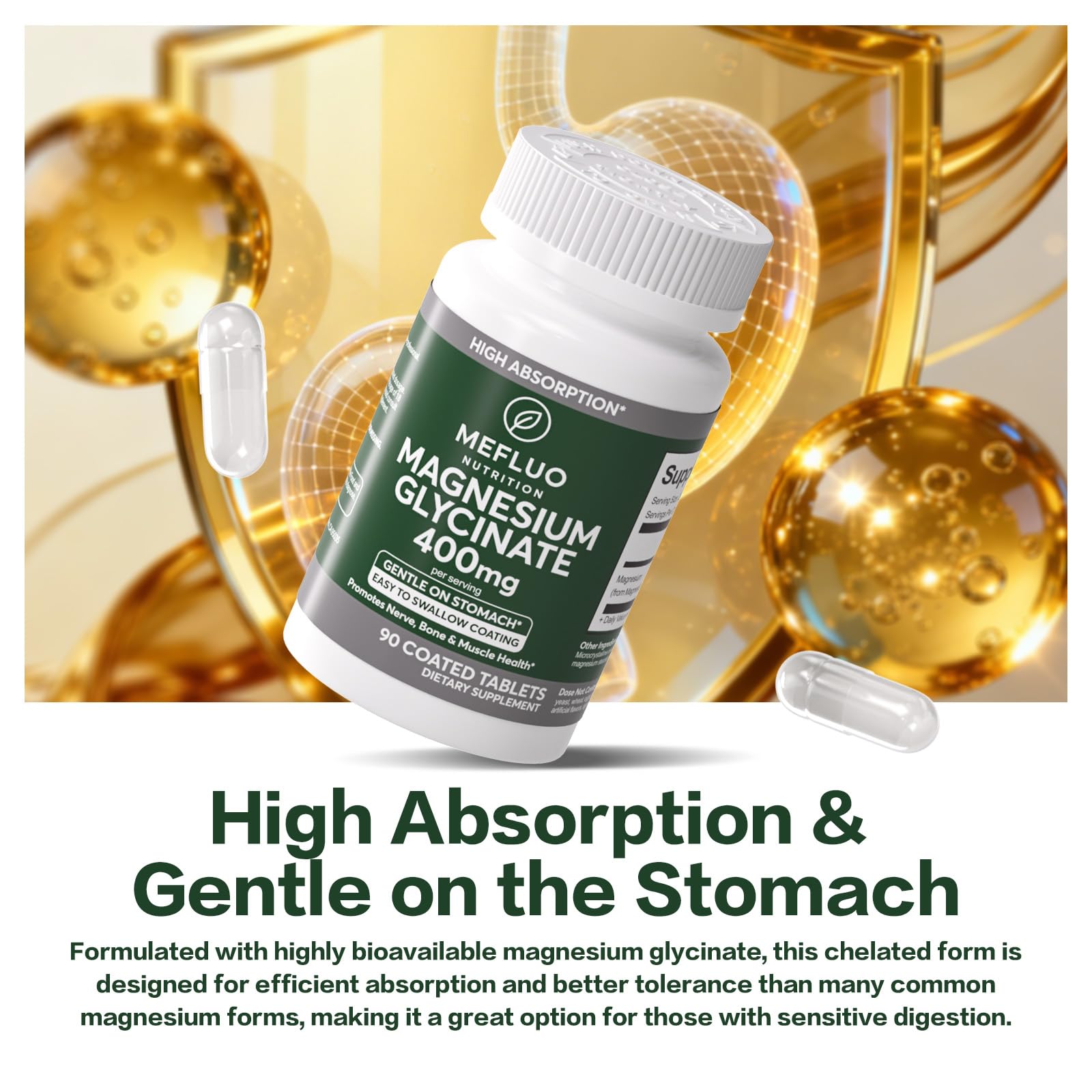 Magnesium Glycinate 400mg – High Absorption Magnesium Supplement for Muscle, Nerve & Sleep Support – Gentle on Stomach, Non-GMO, Vegan Capsules, 90 Count Mefluo uk supplements