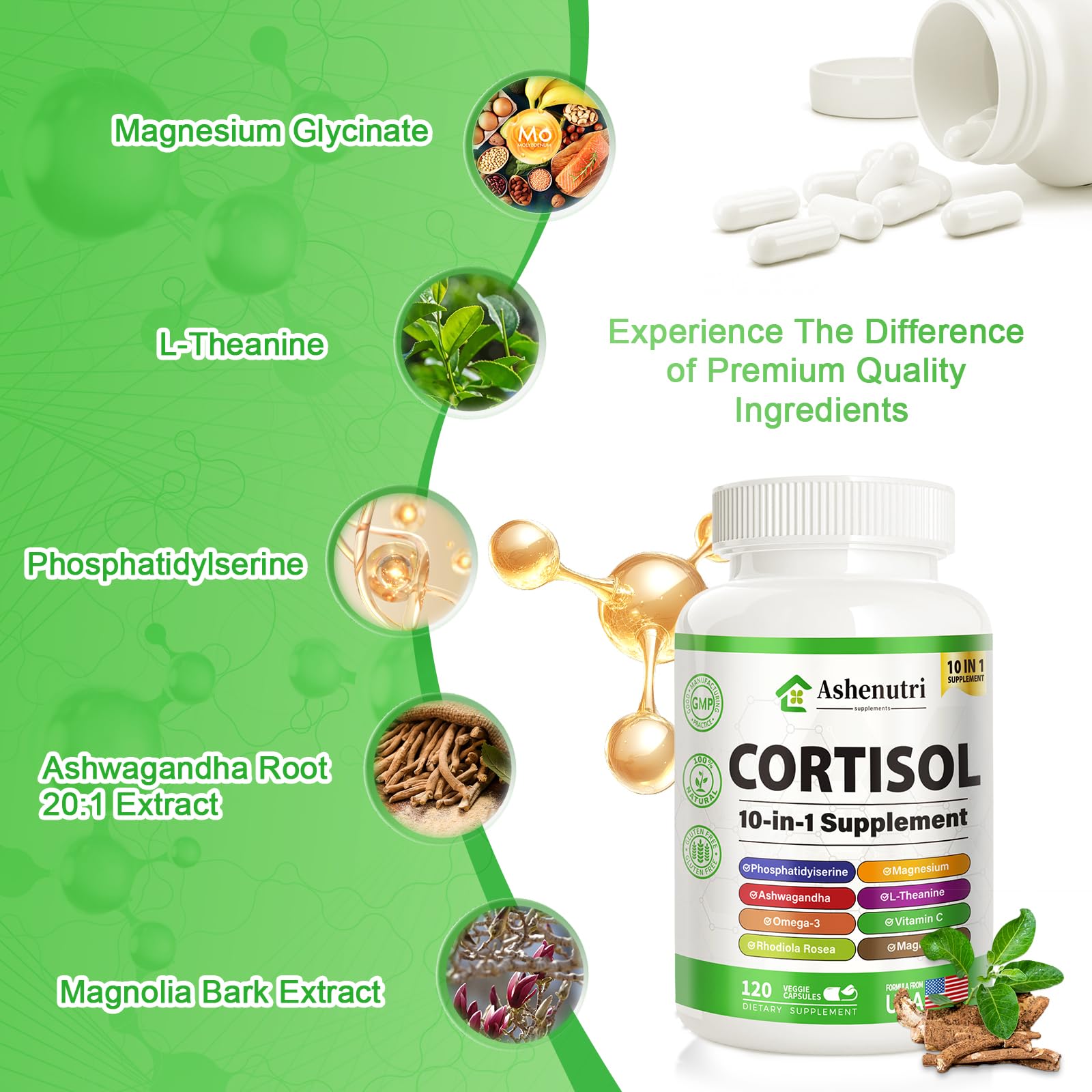 Ashenutri 10-in-1 Cortisol Supplement with Magnesium,Ashwagandha,Rhodiola Rosea,L Theanine,Hormone Balance for Women 120 Vegan Capsules Ashenutri uk supplements