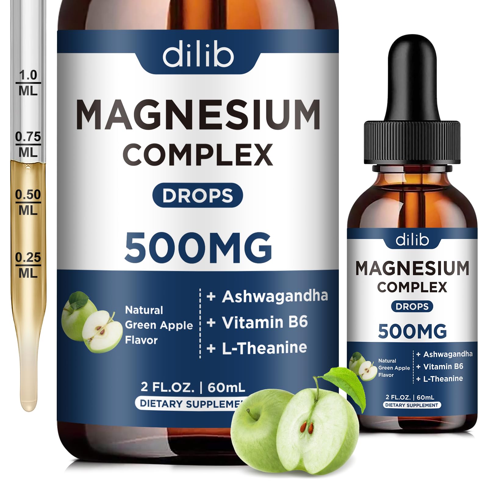 Triple Magnesium Complex Supplement-Magnesium Glycinate, Citrate, Malate Liquid Drops 500mg with Ashwagandha, L-Theanine, B6 for Calm, Stress Relief, Sleep, Muscle Support-Green Apple Flavor dilib uk supplements