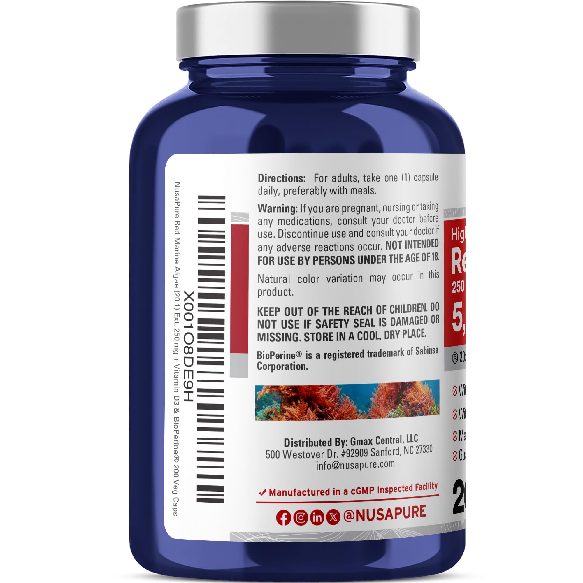 NusaPure Red Marine Algae 20:1 Extract, 250 mg Equivalent to 5,000 mg 200 Veggie Capsules (Non-GMO & Soy Free) Bioperine NusaPure uk supplements