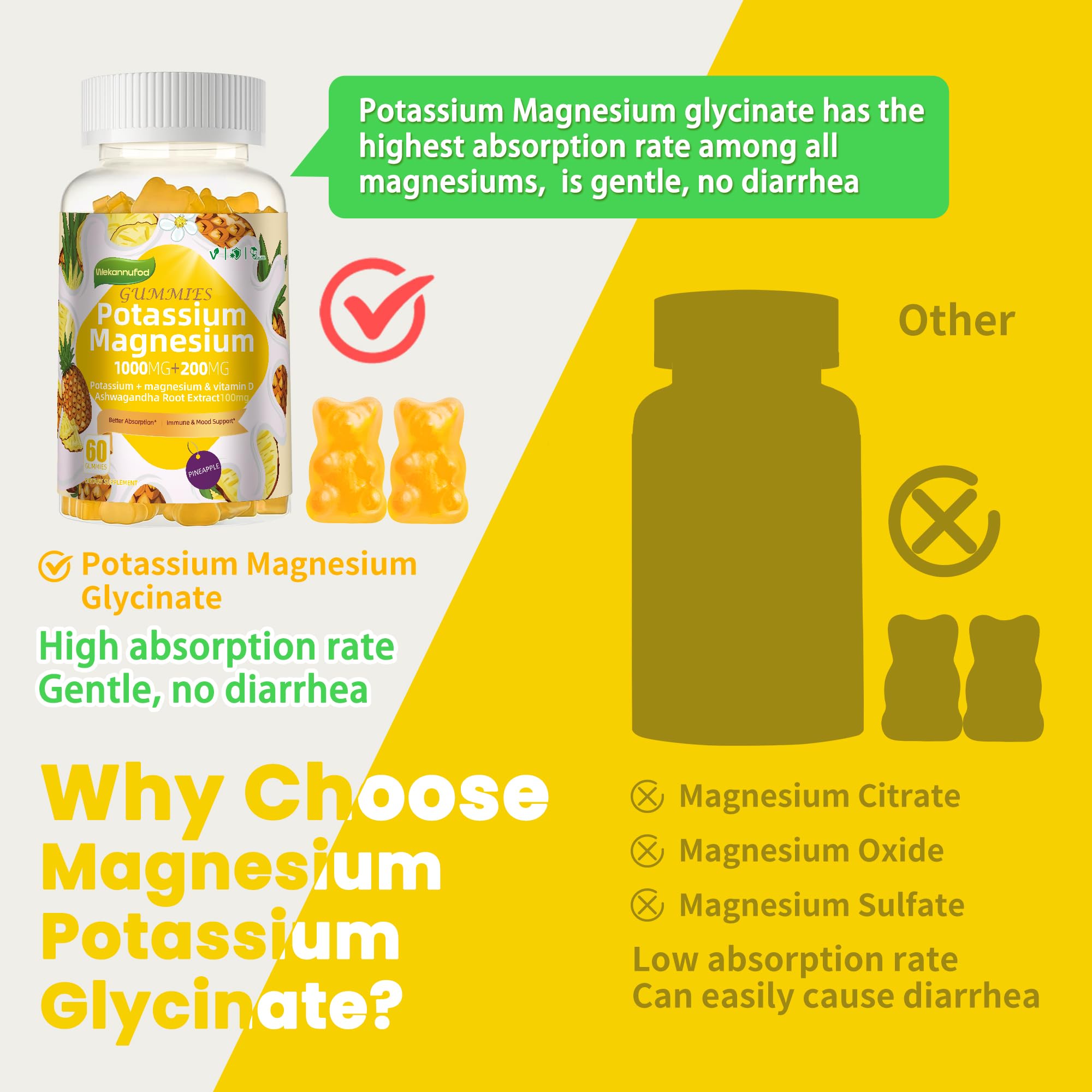 Potassium Magnesium Gummies,High Absorption Magnesium Glycinate,B6,D3,Potassium Citrate for Leg Cramps,Muscle,Electroyte for Adults Kids,Sugar-Free, 60 Gummies (Pineapple) Wekannufod uk supplements