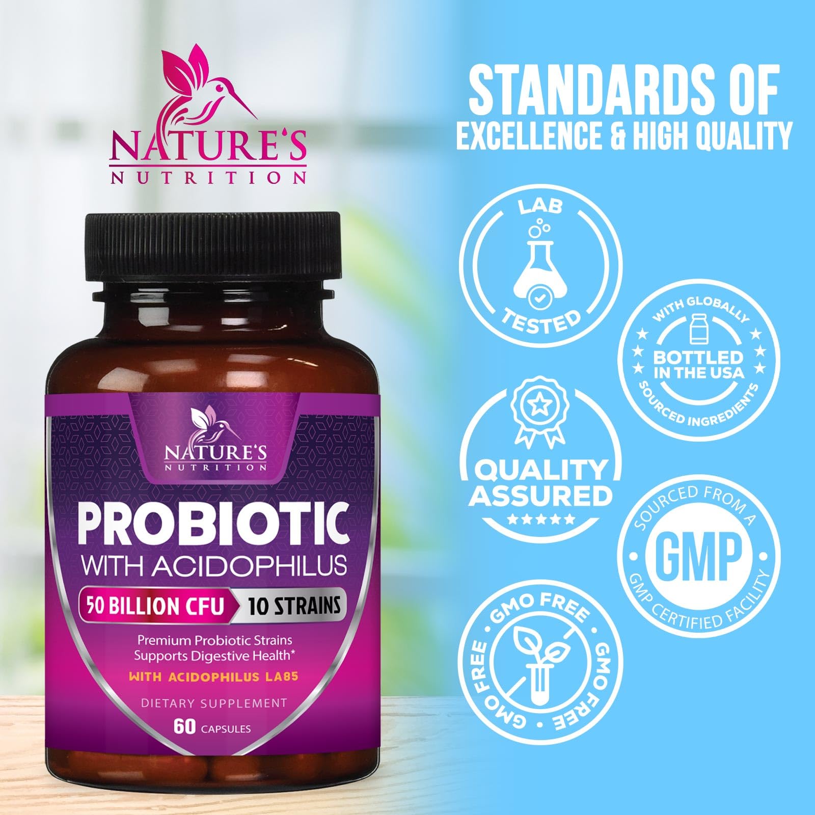 Probiotics 50 Billion CFU per Serving - 10 Strains + Prebiotics - Digestive Health, Gut & Immune Support - Supports Occasional Constipation, Gas & Bloating for Women & Men Shelf Stable - 60 Capsules Nature's Nutrition uk supplements