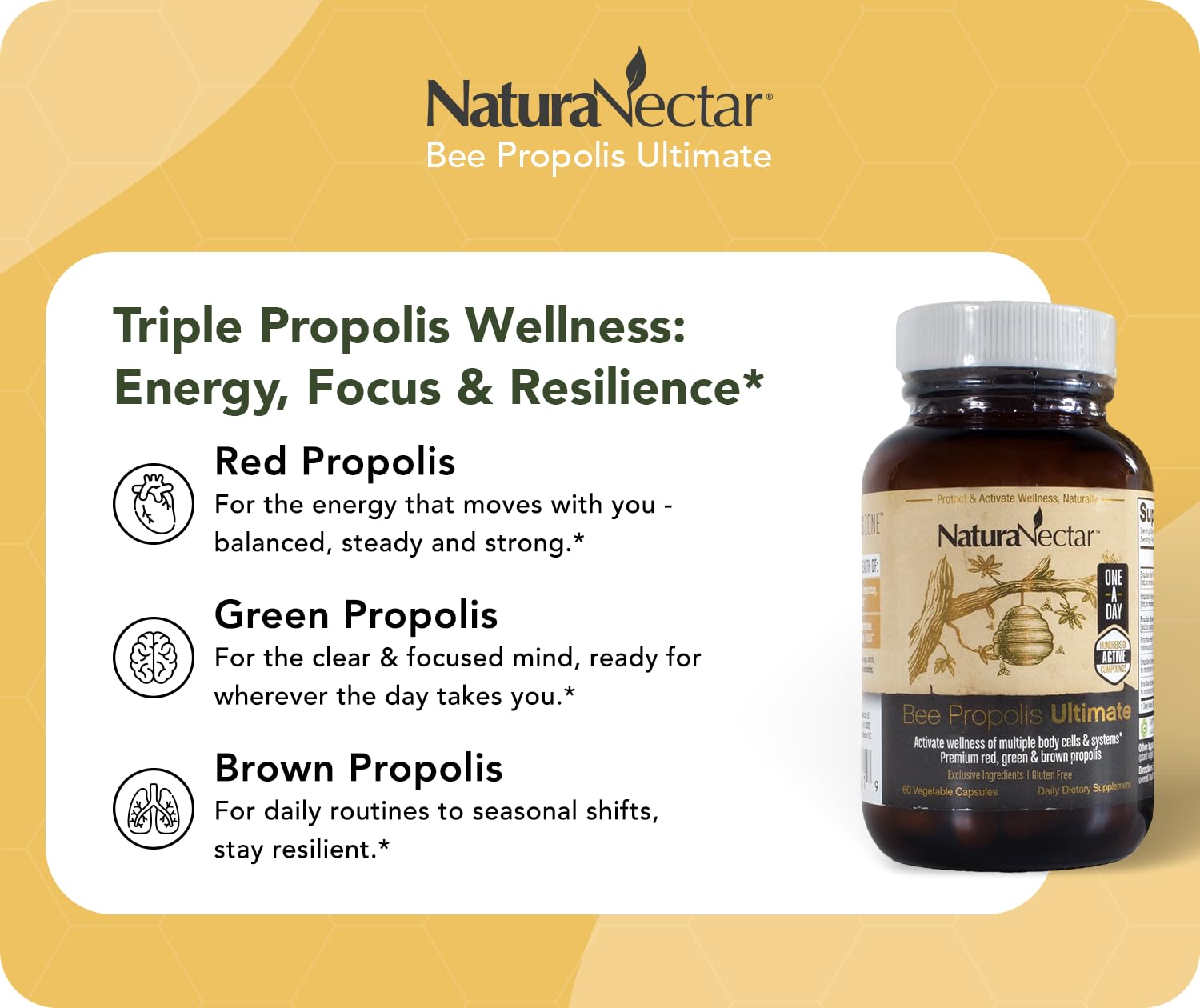 NaturaNectar - Ultimate Bee Propolis Capsules - NSF Contents Certified -Brazilian Red, Brown, & Green - Gluten-Free Supplement with Flavonoids - Naturally Sourced Through Ethical Beekeeping (60pcs.) NaturaNectar uk supplements