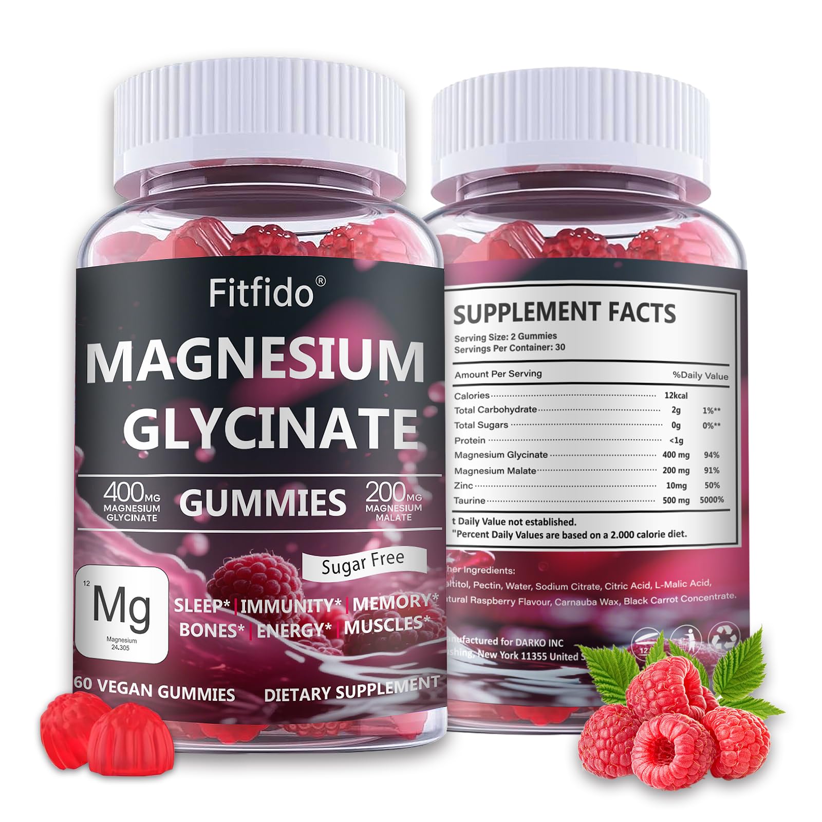 Magnesium Glycinate Gummies 400mg, Chewable Sugar Free Magnesium Supplement with Magnesium Glycinate, Magnesium Malate and Protein for Sleep, Relaxation, Brain & Muscle - Vegan (60 Count, Raspberry) Fitfido uk supplements