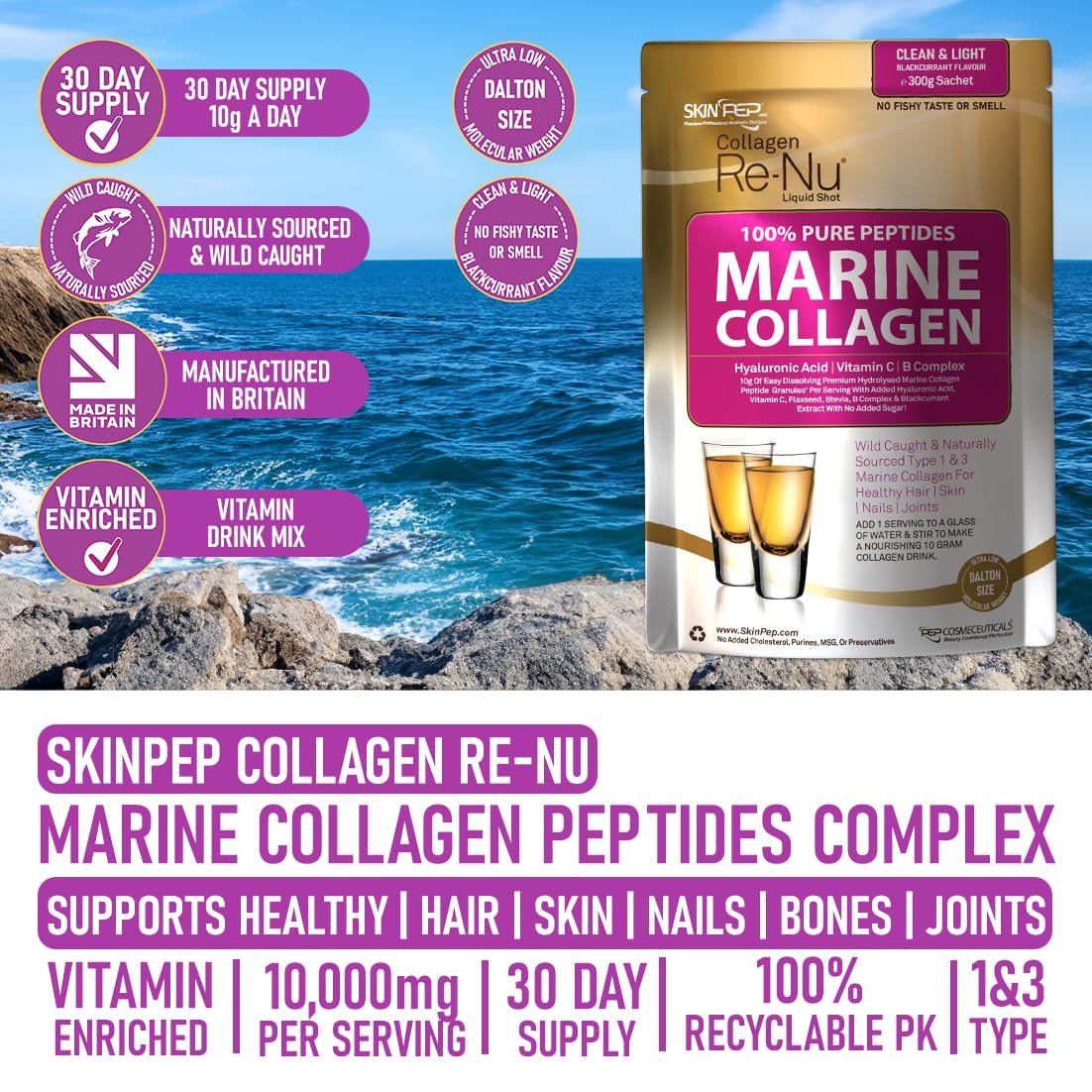 Premium Hydrolysed Marine Collagen Peptide Powder + VIT C, B Complex Hyaluronic Acid, & Stevia. Delicious Taste/No Fishy Smell - SkinPep® Collagen Re-Nu 300g - 30 Days Supply SkinPep uk supplements