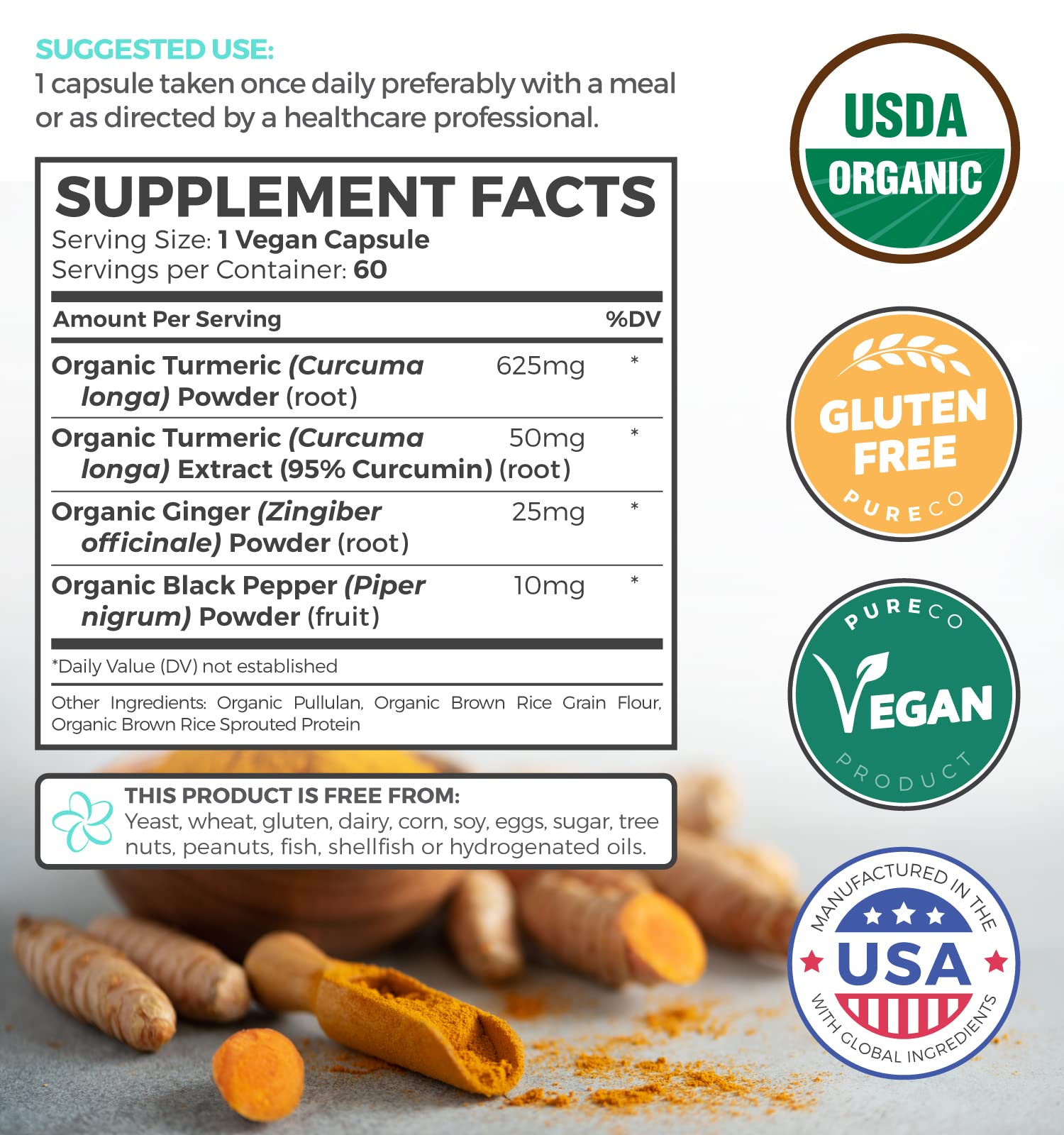 USDA Organic Turmeric Curcumin with Black Pepper and Ginger (2 Month Supply) PURE CO uk supplements