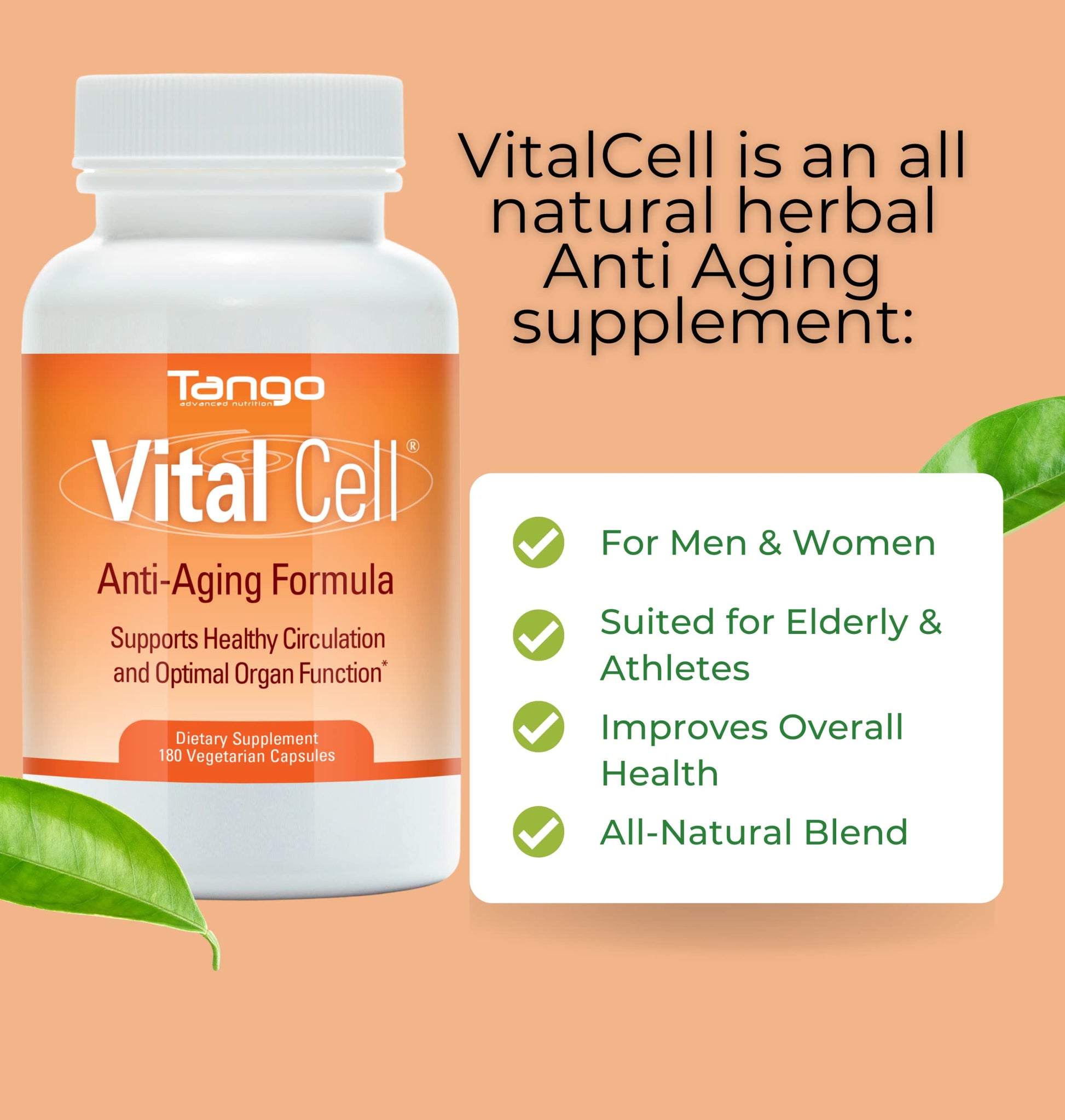 Vital Cell Natural Anti-Aging Supplement for Men and Women, Supporting Circulation and Healthy Organ Function (180 Vegetarian Capsules) Tango uk supplements