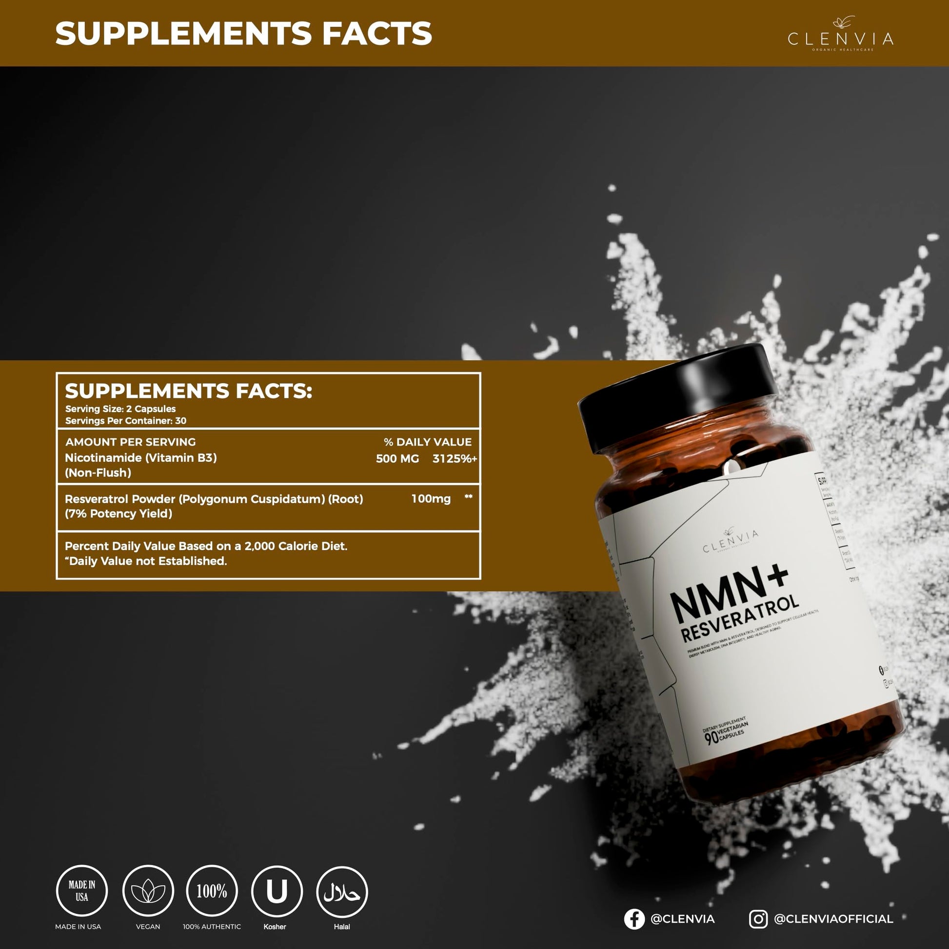 CLENVIA Premium NMN Supplement with Resveratrol – High Potency NAD+ Support Formula – >99.7% Purity – Third-Party Tested – Made in USA – 500mg Nicotinamide + 100mg Resveratrol – 90 Capsules CLENVIA uk supplements