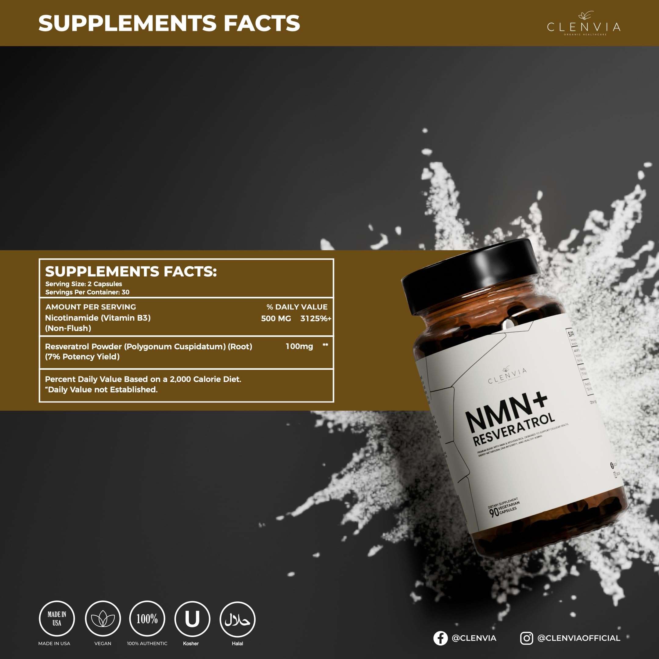 CLENVIA Premium NMN Supplement with Resveratrol – High Potency NAD+ Support Formula – >99.7% Purity – Third-Party Tested – Made in USA – 500mg Nicotinamide + 100mg Resveratrol – 90 Capsules CLENVIA uk supplements
