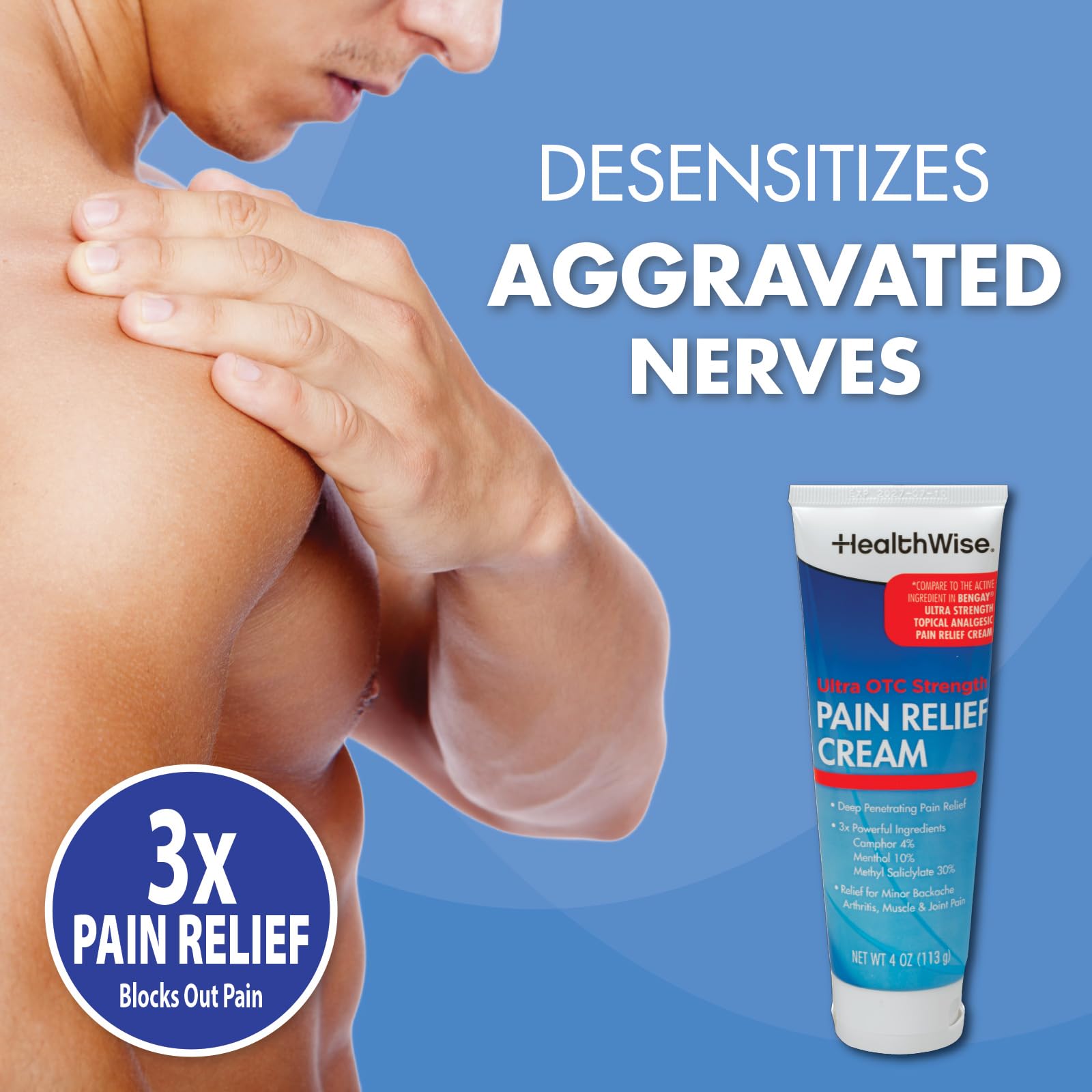 HealthWise Pain Relief Cream | Ultra OTC Strength | 4% Camphor + 10% Menthol + 30% Methly Saliclylate | Non-Greasy Formula | 4.0 Oz | Topical Analgesic HealthWise uk supplements