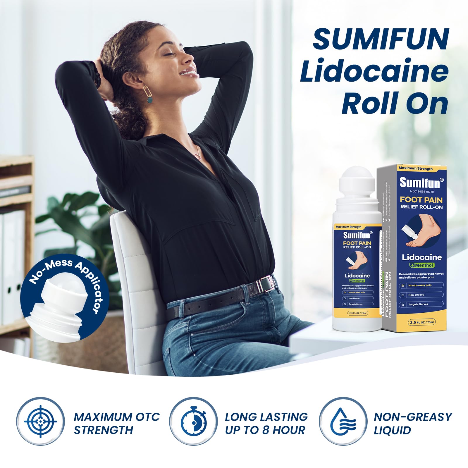Sumifun Foot Pain Relief Lidocaine Roll-On - Maximum Strength OTC for Plantar Fasciitis & Heel Pain - Fast-Drying, Non-Greasy Formula, 2.5 Fl Oz * 2 Sumifun uk supplements