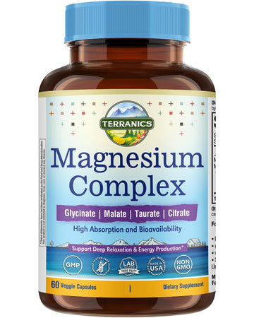 Terranics Magnesium Complex 500mg, Glycinate, Malate, Taurate, Citrate, Chelated Purified Easily Absorbed Magnesium Supplement for Sleep, Heart, Energy, Digestion Support, 60 Capsules Terranics uk supplements