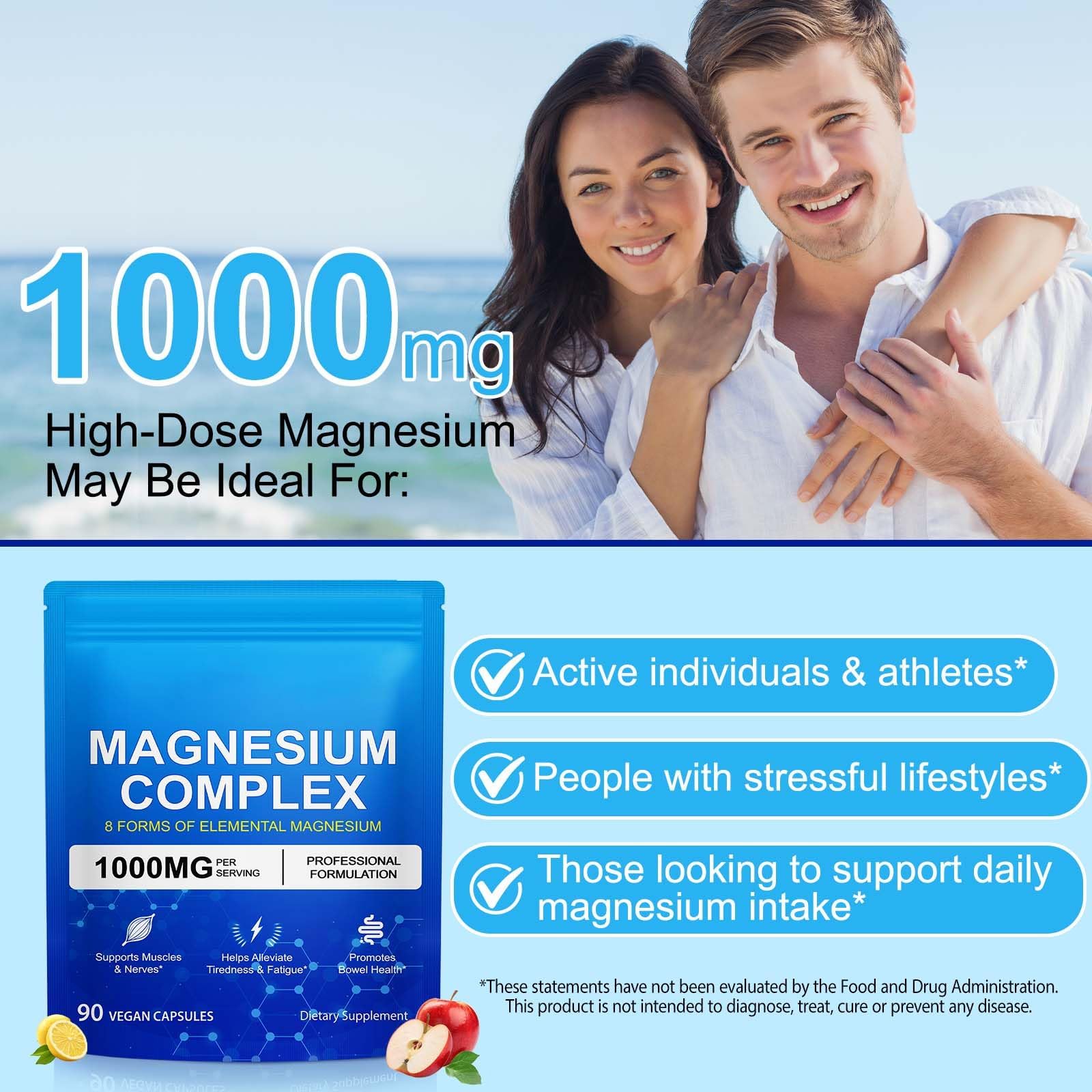8-in-1 Magnesium Complex 90 Capsules, 1000mg with Magnesium Glycinate, Citrate, Malate, Taurate, Easy Absorption for Health, Energy, Non-GMO, Vegan ITSDAWN uk supplements
