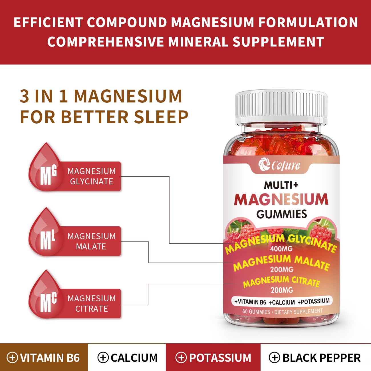 Cofure Triple Magnesium Complex 900 mg, Magnesium Glycinate, Citrate, Malate with Potassium, Calcium, Vitamin B6 for Calm & Sleep - Vegan, Non-GMO, Gluten Free - 120 Raspberry Gummies for Adults Cofure uk supplements