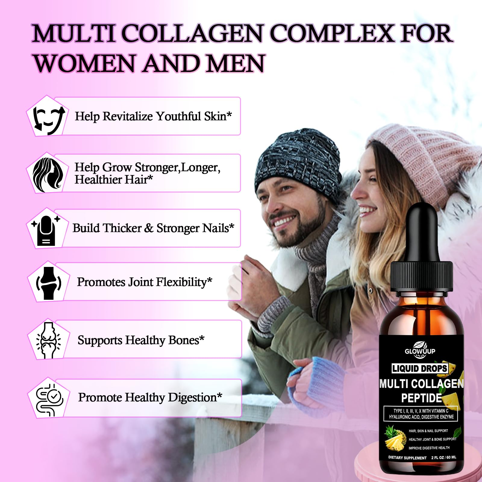 Multi Collagen Peptides Liquid Drops for Women & Men-Type I, II, III, V, X丨Hydrolyzed Collagen Peptides, Collagen Proteins W. Hyaluronic Acid, Biotin & Vitamin C for Hair Skin & Joint Gut Health GLOVVUUP uk supplements
