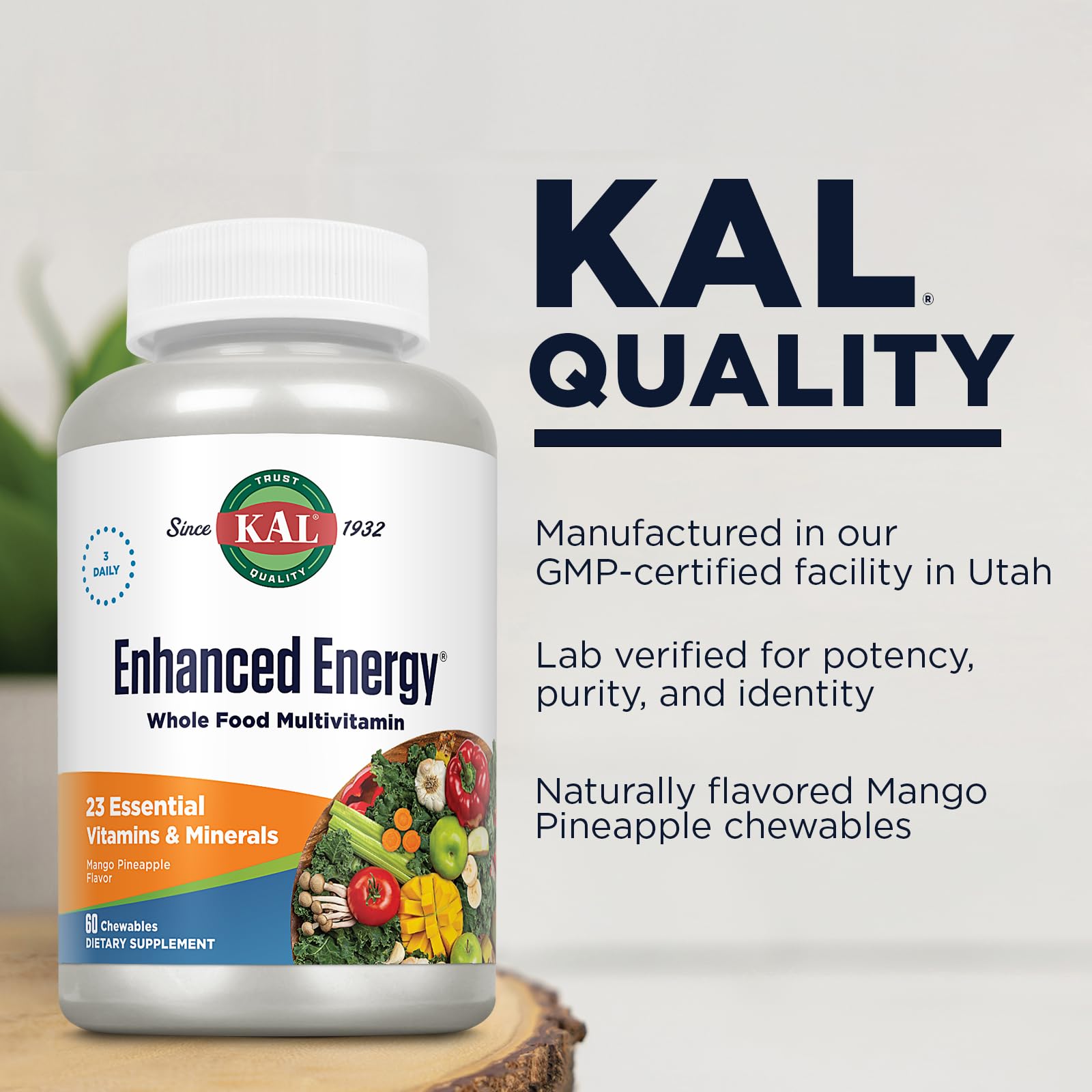 KAL Enhanced Energy Supplements, Whole Food Chewable Multivitamin with Iron, 3 Daily, 23 Essential Vitamins and Minerals, Super Foods, Enzymes, Mango Pineapple Flavor, 60-Day Guarantee, 20 Serv, 60ct KAL uk supplements