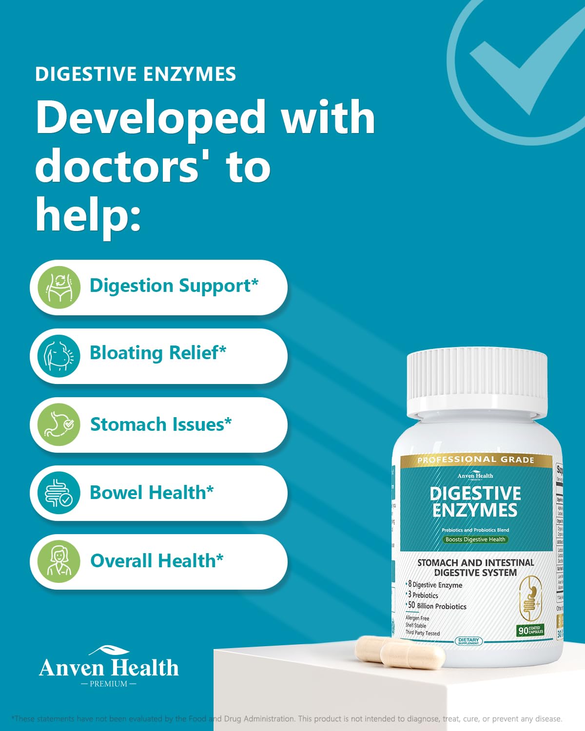Anven Health 800mg Digestive Enzymes for Men and Women with Probiotics & Prebiotics, 8 Key Enzymes, Protease, Amylase & Lipase | 180 Capsules - A 60-Day Supply for Bloating & Gas Relief - Non-GMO Anven Health uk supplements