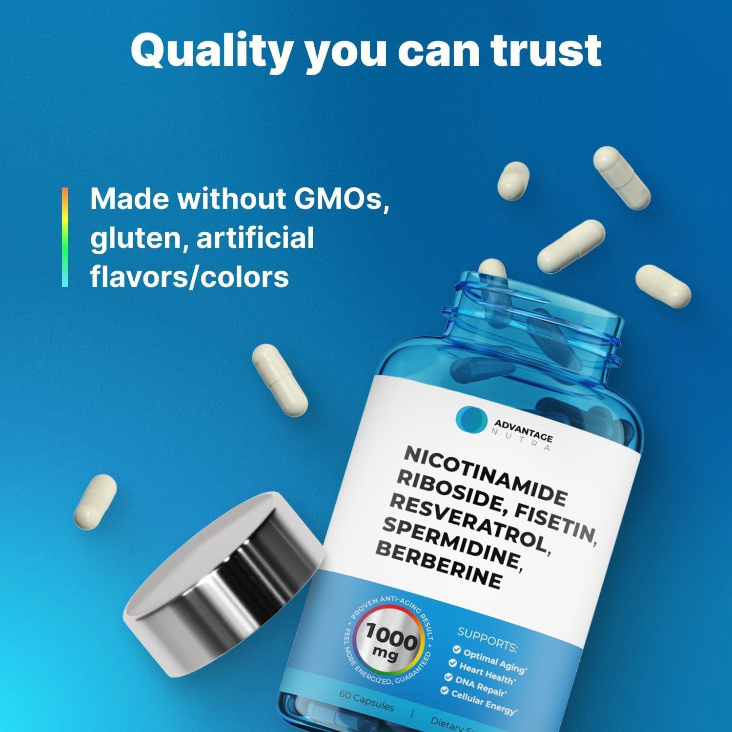 AdvantageNutra Liposomal Nicotinamide Riboside NR Supplement Resveratrol NAD : Nicotinamide 500mg w/Fisetin, Resveratrol Powder Spermidine Berberine NAD Resveratrol Supplement 500 mg - 60 caps 1 Pack AdvantageNutra uk supplements