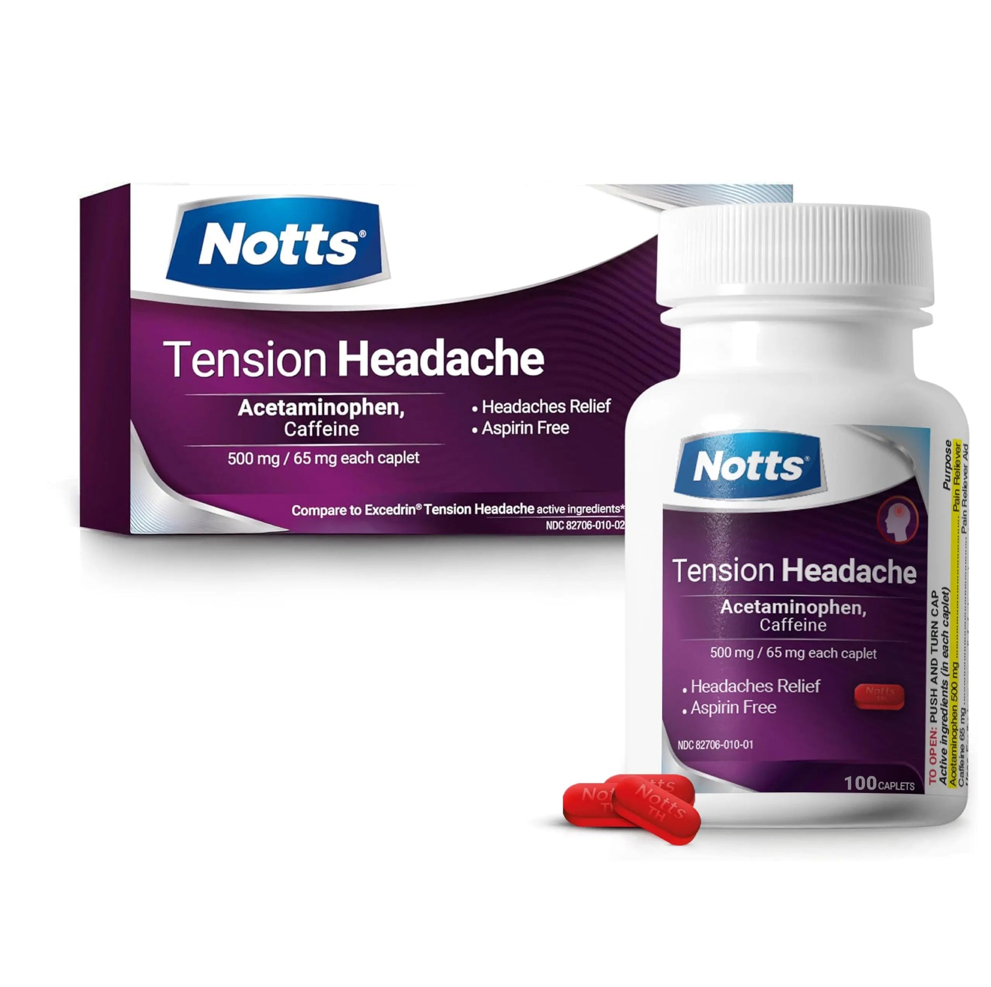 NOTTS Tension Headache Relief Without Aspirin for Head, Neck & Shoulder Pain - 100 Count, Acetaminophen 500 mg Caffeine 65 mg Caplets, for Aches Caused by Tension and Stress. Headache Relief caplets NOTTS uk supplements