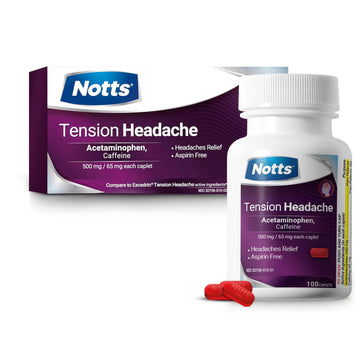 NOTTS Tension Headache Relief Without Aspirin for Head, Neck & Shoulder Pain - 100 Count, Acetaminophen 500 mg Caffeine 65 mg Caplets, for Aches Caused by Tension and Stress. Headache Relief caplets NOTTS uk supplements