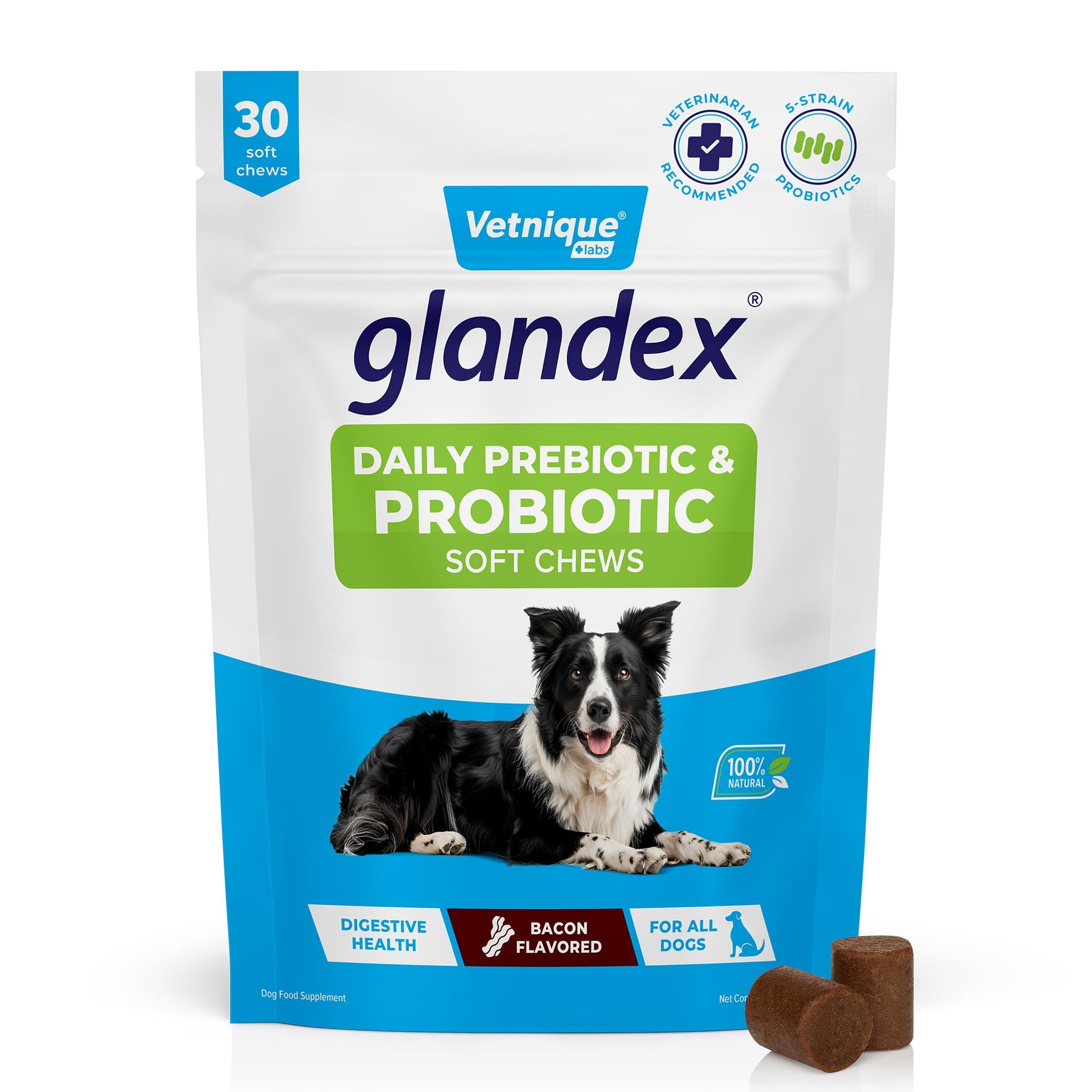 Vetnique Glandex Daily Probiotics for Dogs with Prebiotics to Support Gut Health with Fiber and Digestive Enzymes, Dog Probiotic Chews or Powders (30ct Chews, Bacon Chews) Vetnique uk supplements