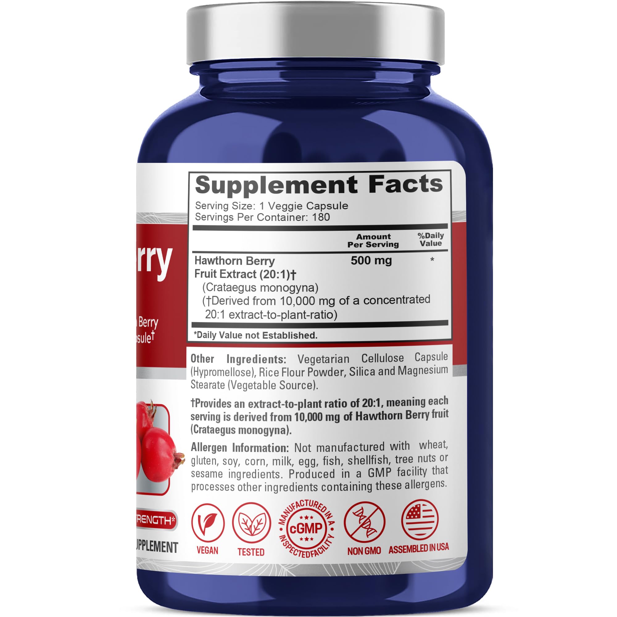 NusaPure Hawthorn Berry 20:1 Extract, 500 mg Equivalent to 10,000 mg 180 Veg Caps, Suitable for Vegetarians, Vegan, Non-GMO Dietary Supplement NusaPure uk supplements