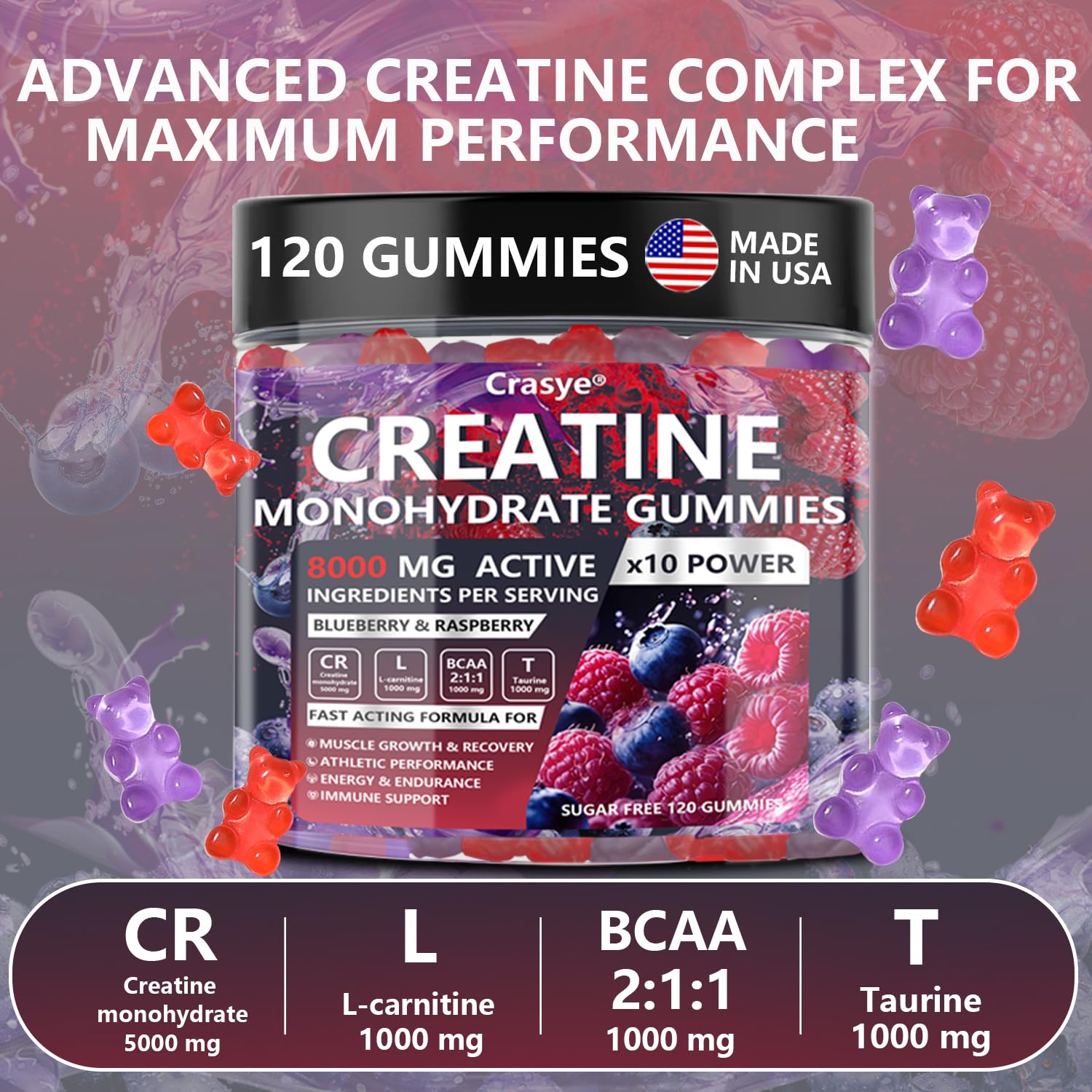 Crasye Creatine Gummies Complex 8000mg for Men and Women Creatine Monohydrate Gummy with BCAA Taurine for Muscle Strength and Energy Boost Sugar Crasye uk supplements