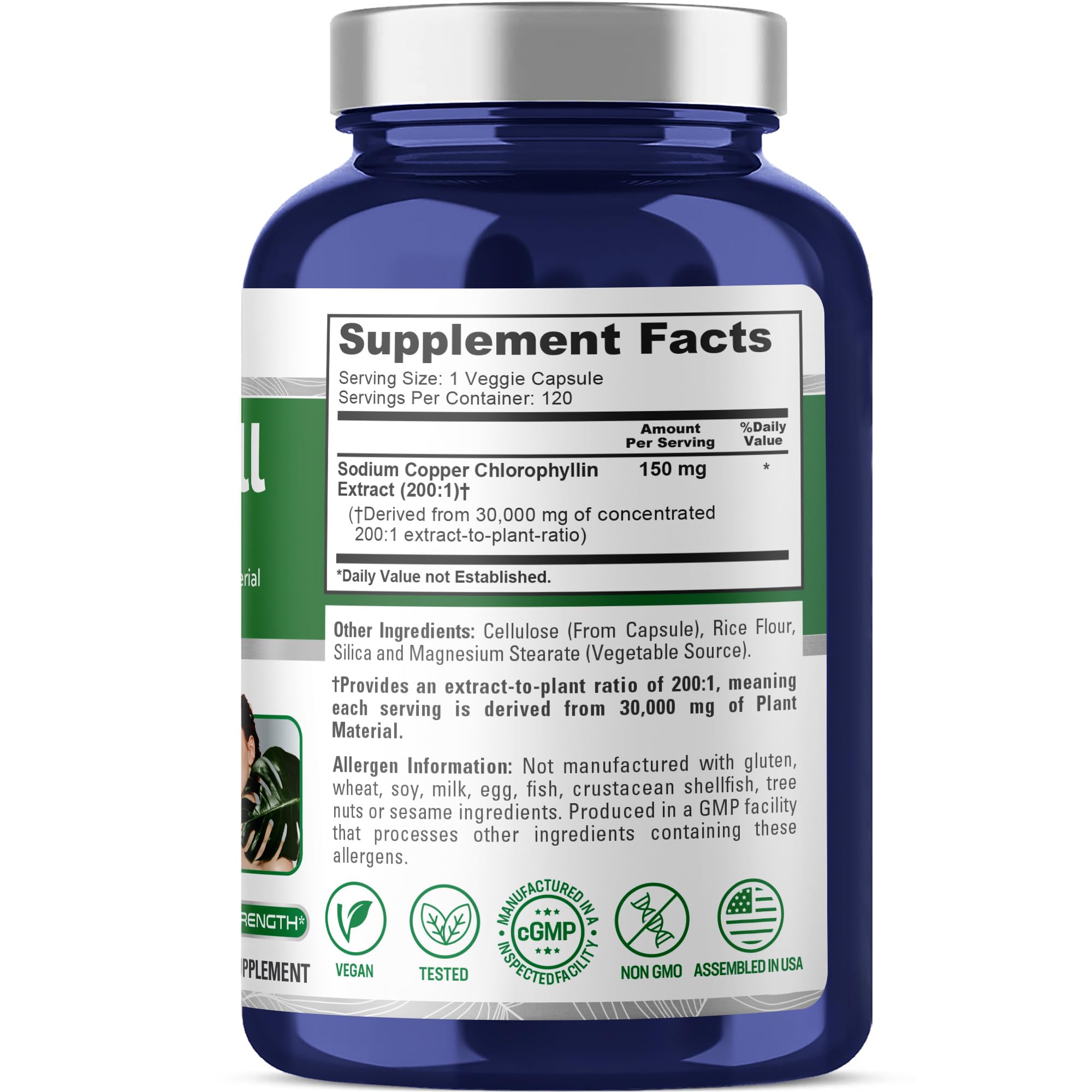 NusaPure Chlorophyll 200:1 Extract, 150 mg Equivalent to 30,000 mg per Capsule 120 Vegetarian Caps (Non-GMO, Vegan) NusaPure uk supplements