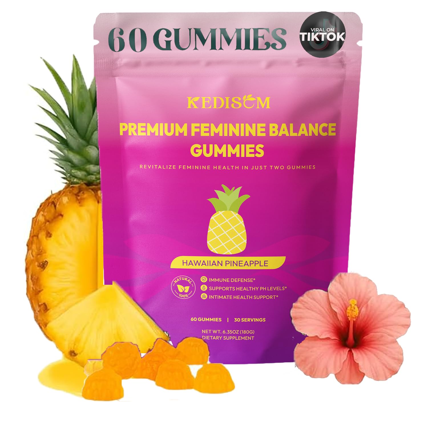 KEDISOM Premium Feminine Balance Gummies - for Women’s Health & Wellness - Immune Support - Vegan, Gluten-Free - Hawaiian Pineapple - 60 Gummies - 30 Servings KEDISOM uk supplements