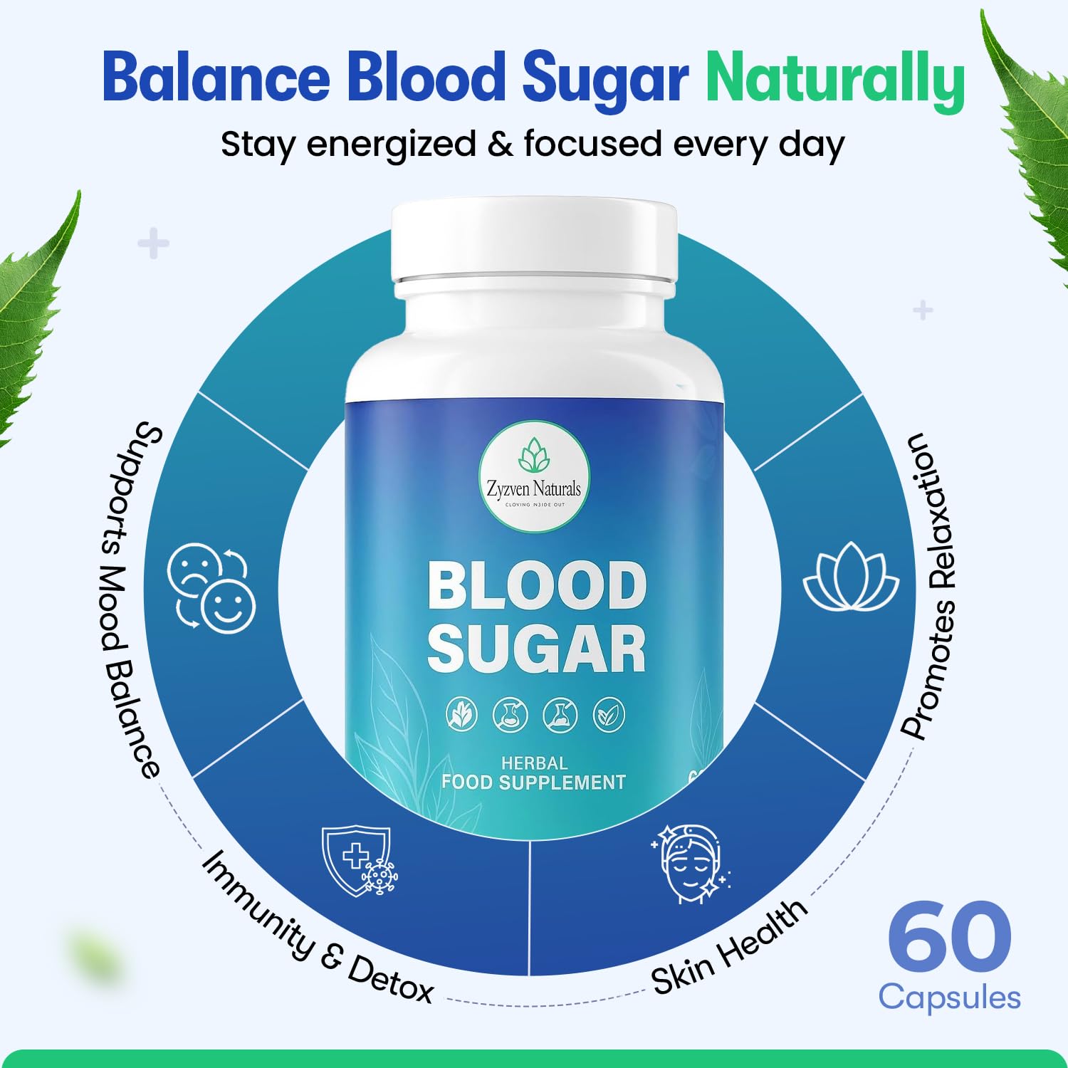 Zyzven Naturals Blood Sugar Support Supplement – 60 Vegan Capsules | Herbal Supplement with Moringa, Cinnamon, Ginger, Neem & Fenugreek | Plant-Based Wellness Supplement - Serving: 2 Capsules/Day Zyzven Naturals uk supplements