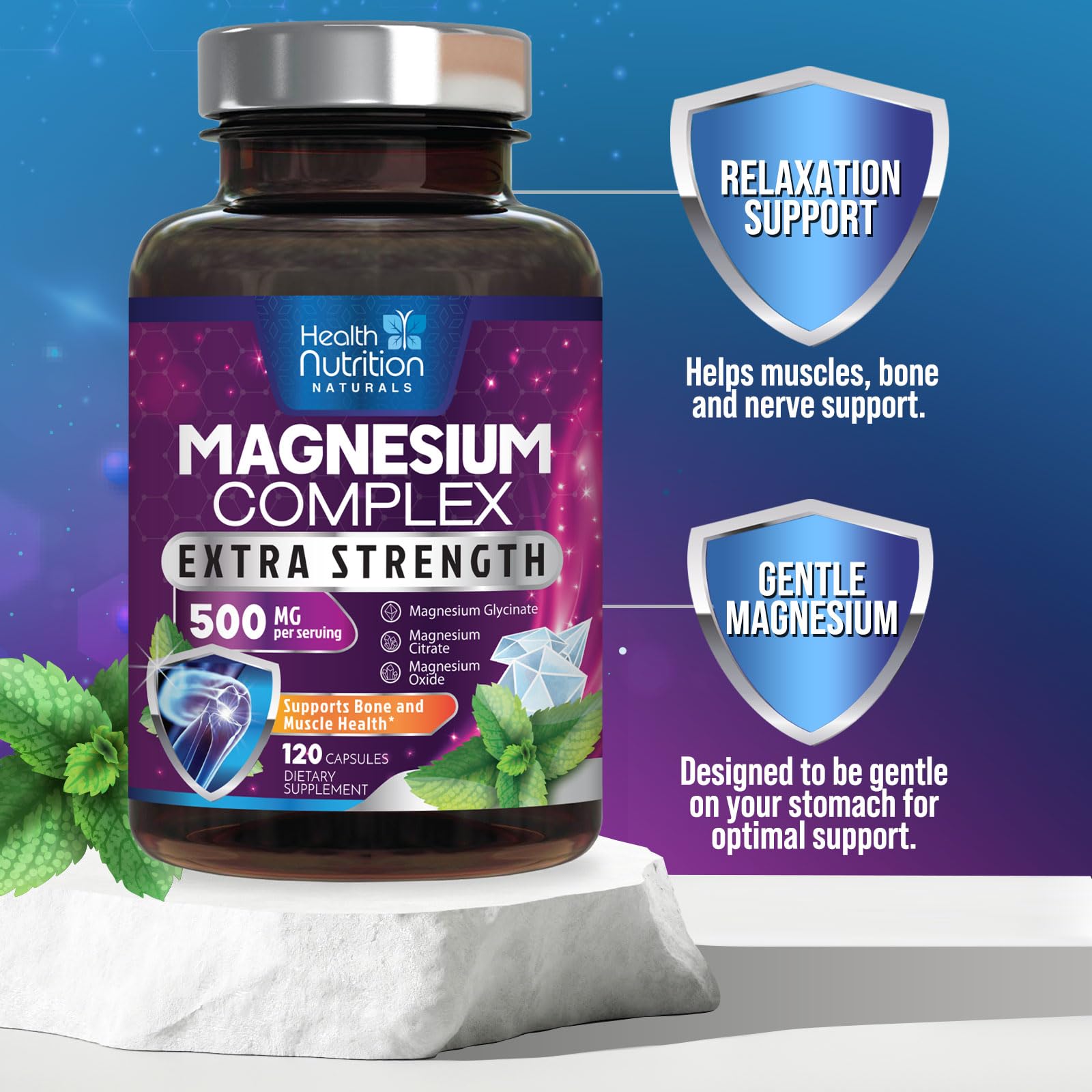 Magnesium Complex Capsules - 500mg per Serving Magnesium - High Absorption Chelated Mineral Supplement - with Oxide, Glycinate, Malate, Citrate for Muscle Bone and Heart Health Support - 120 Capsules Health Nutrition Naturals uk supplements