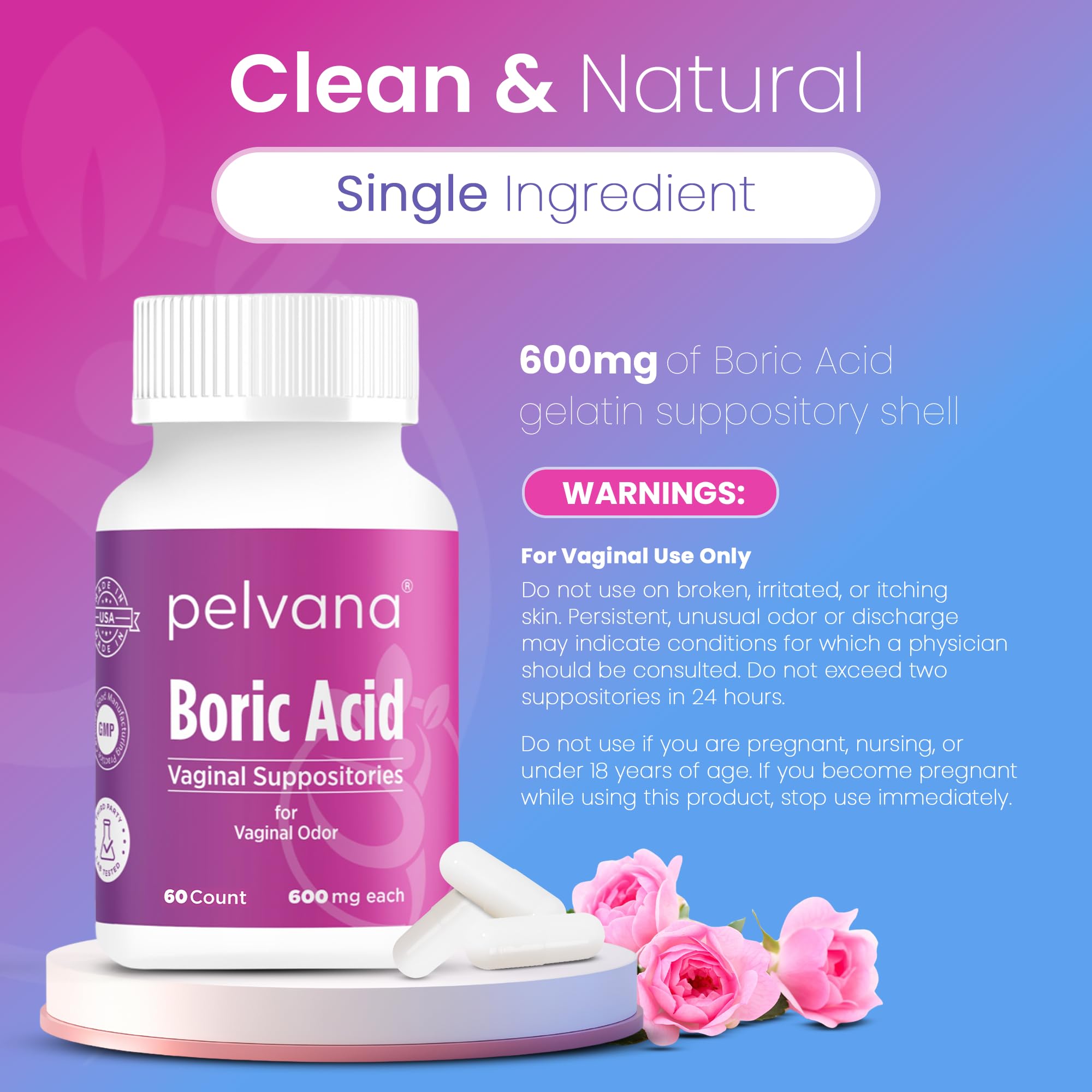 Pelvana Boric Acid Suppositories for Women - 60 Count - 600mg Boric Acid Capsules for Vaginal Odor Use Pelvana uk supplements