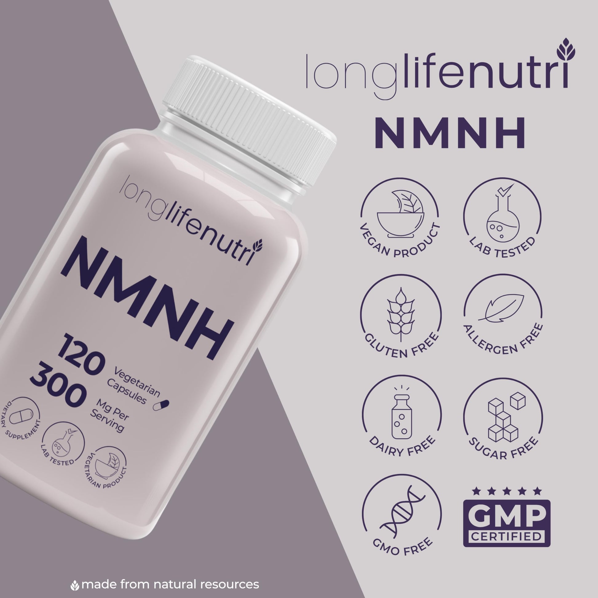 LongLifeNutri NMNH 300mg (Dihydronicotinamide Mononucleotide) - 120 Vegan Capsules, 2-Month Supply, NMN Alternative, NAD Supplement for Energy & Longevity, Lab Tested, Made in USA LongLifeNutri uk supplements